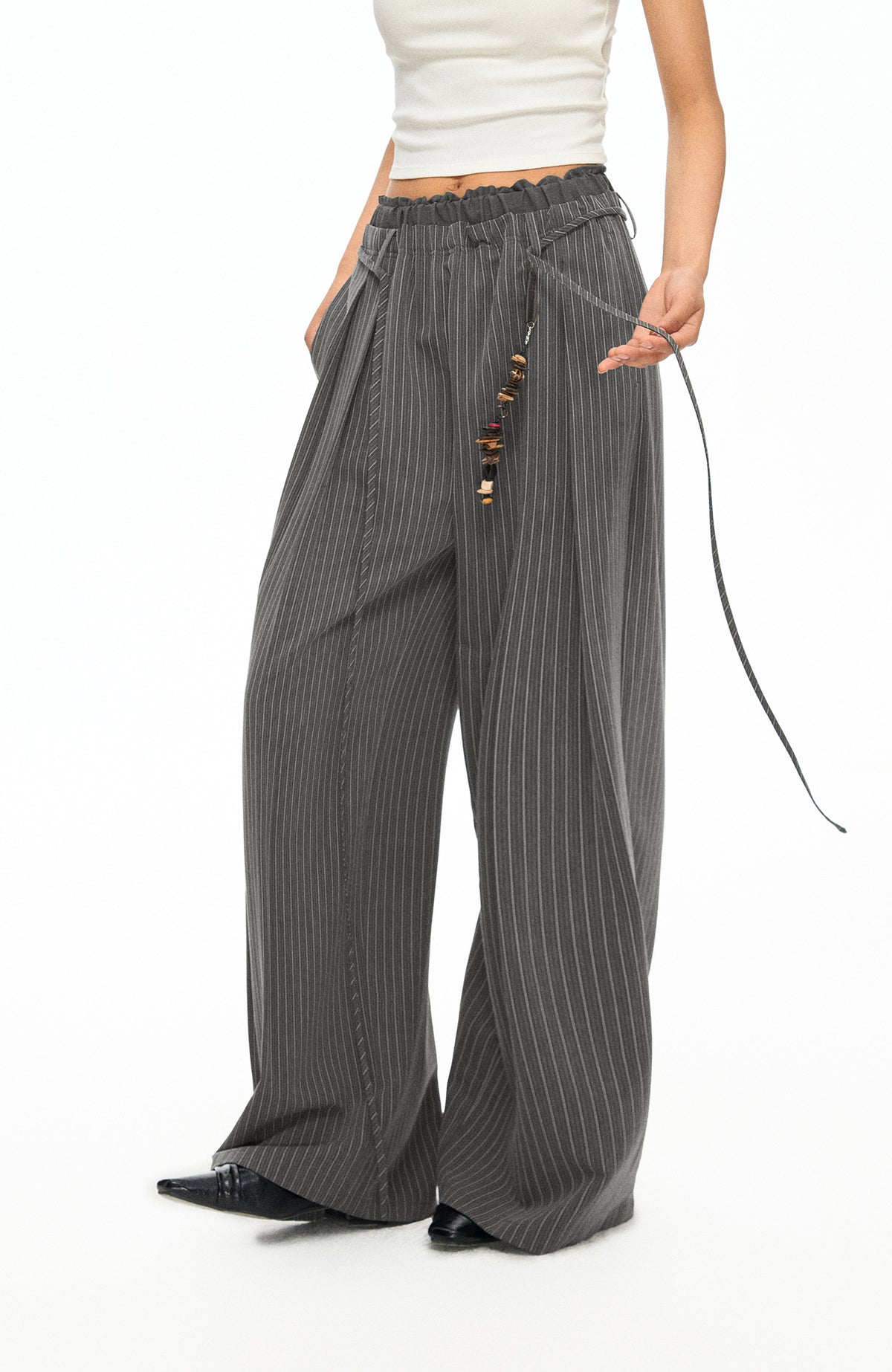 TGNS Ruched Double-Waist Striped Pleated Wide-Leg Trousers