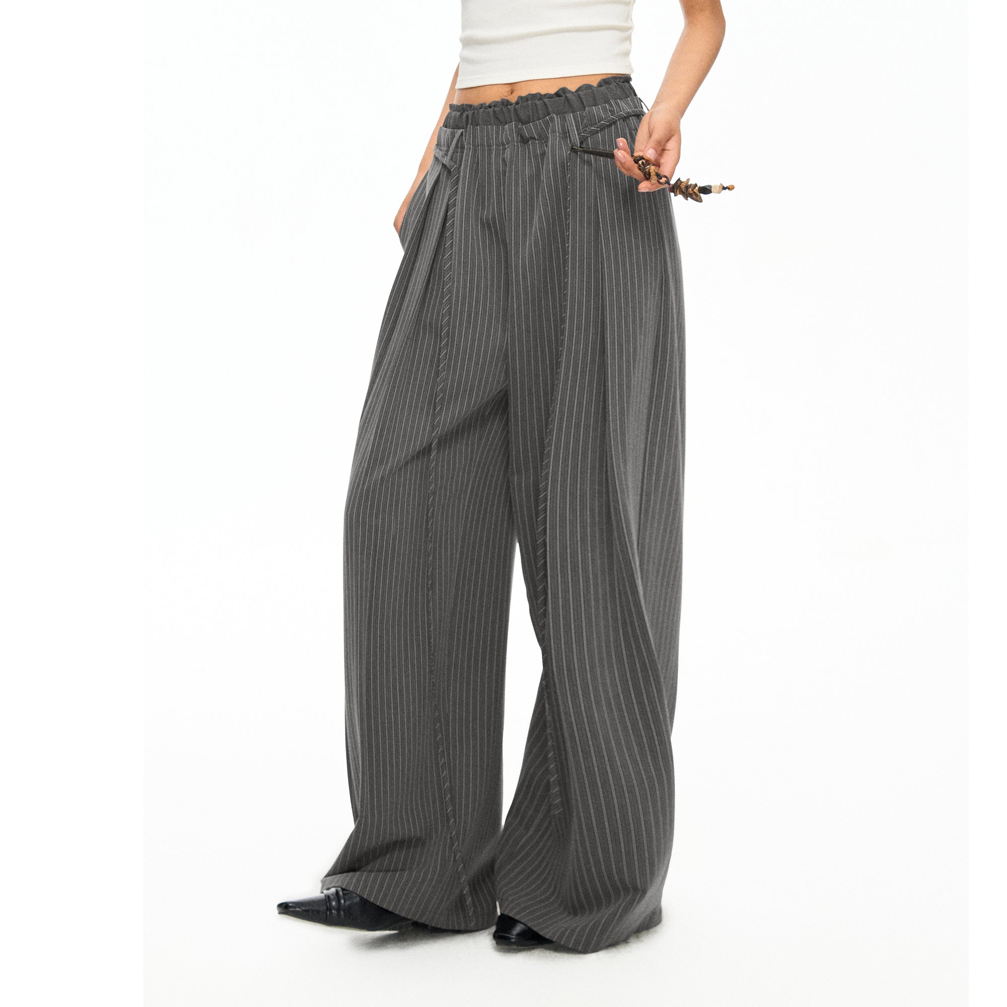 TGNS Ruched Double-Waist Striped Pleated Wide-Leg Trousers