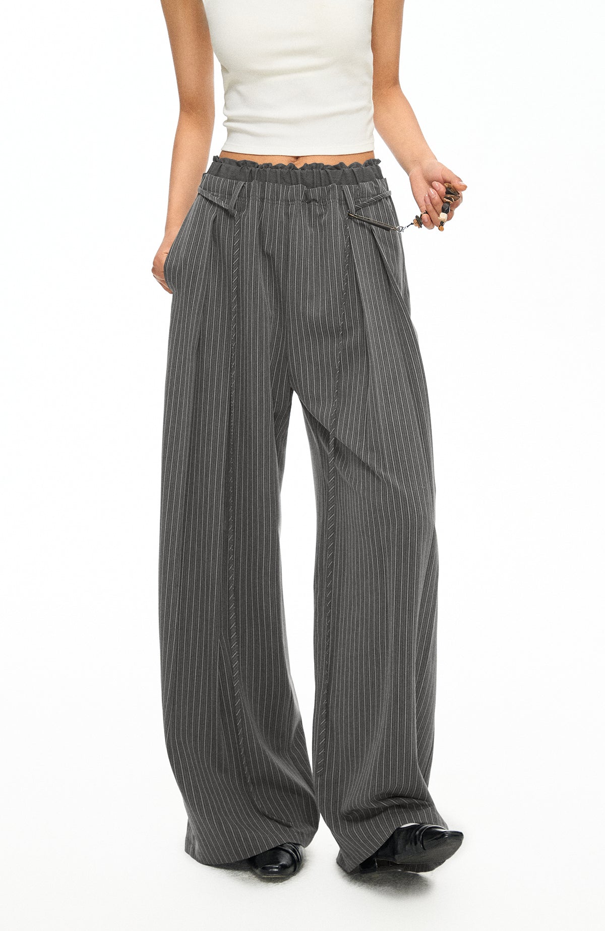 TGNS Ruched Double-Waist Striped Pleated Wide-Leg Trousers