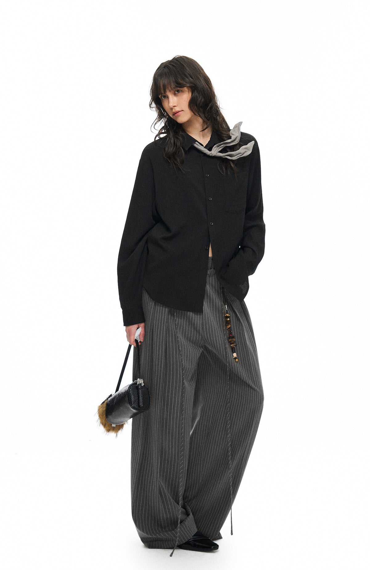 TGNS Ruched Double-Waist Striped Pleated Wide-Leg Trousers