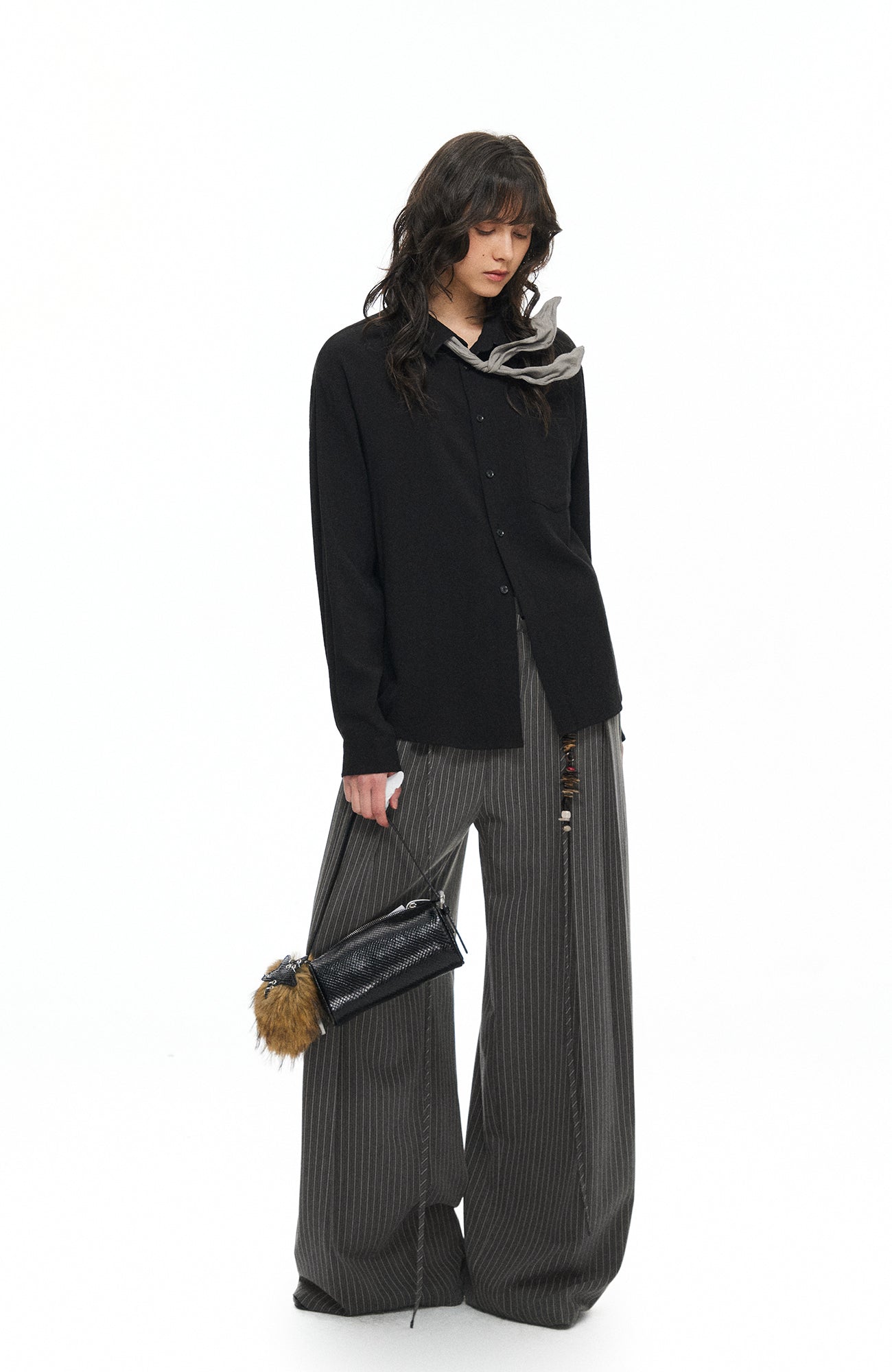 TGNS Ruched Double-Waist Striped Pleated Wide-Leg Trousers