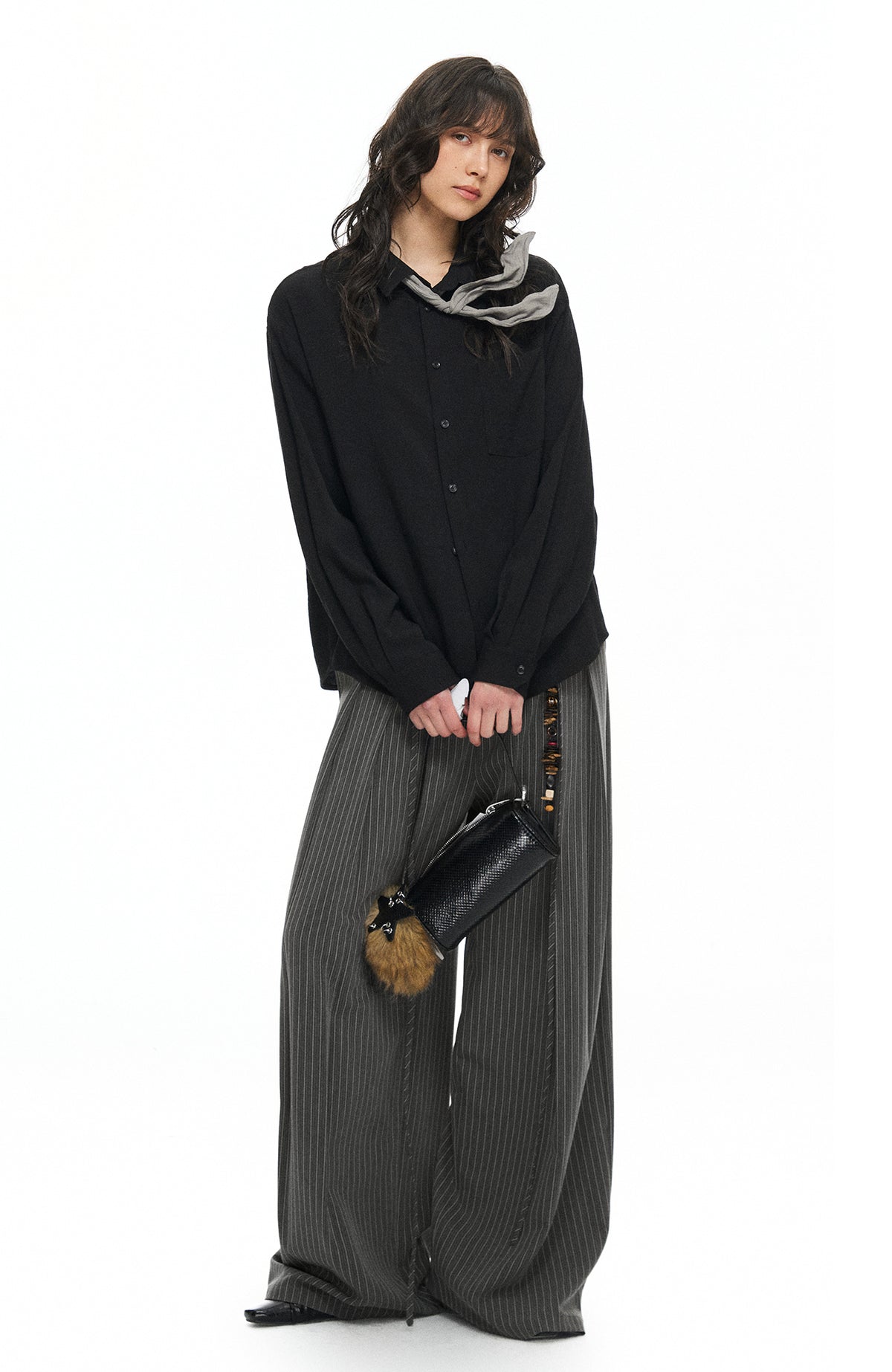 TGNS Ruched Double-Waist Striped Pleated Wide-Leg Trousers