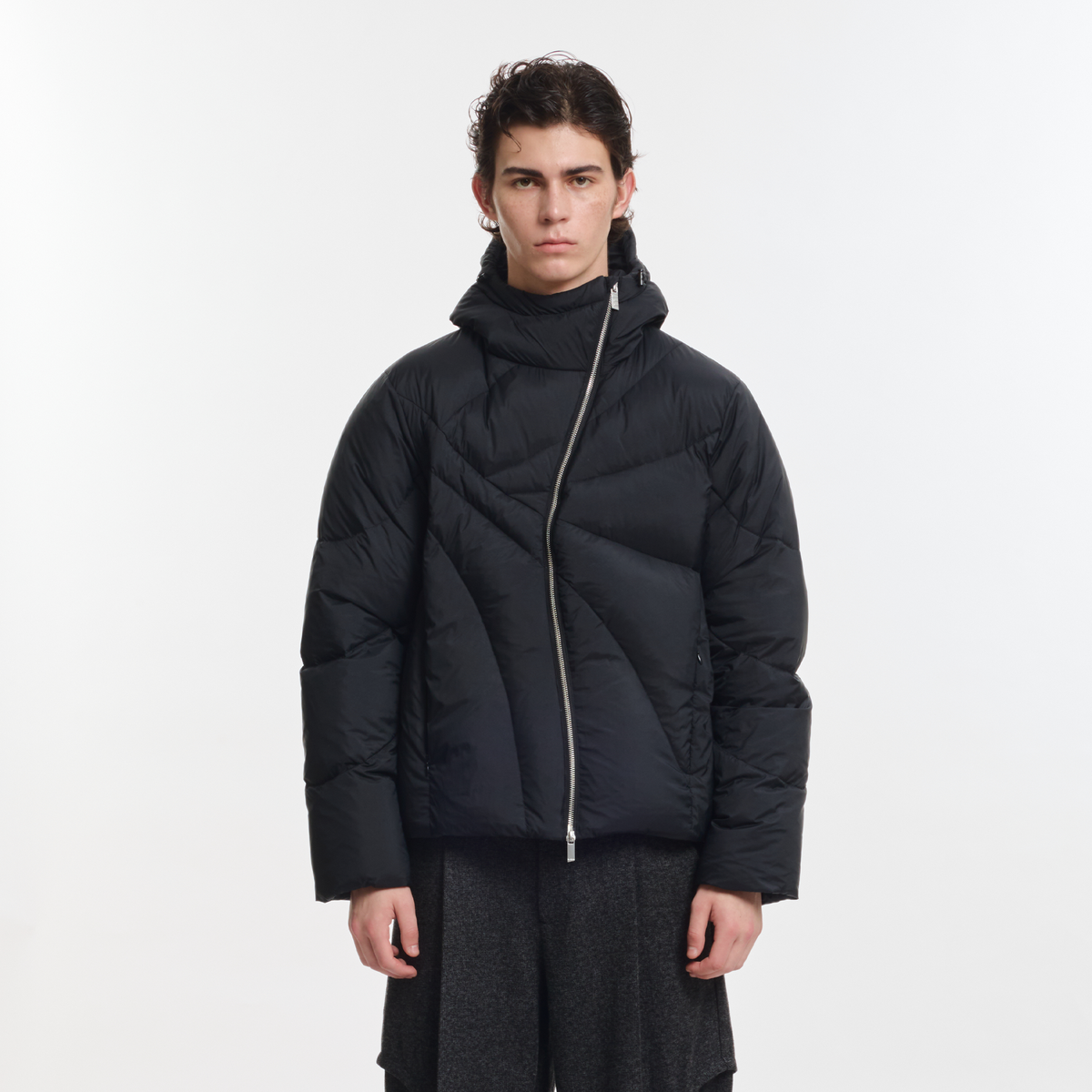 KREATE Asymmetrical Zip Quilted Hooded Down Jacket