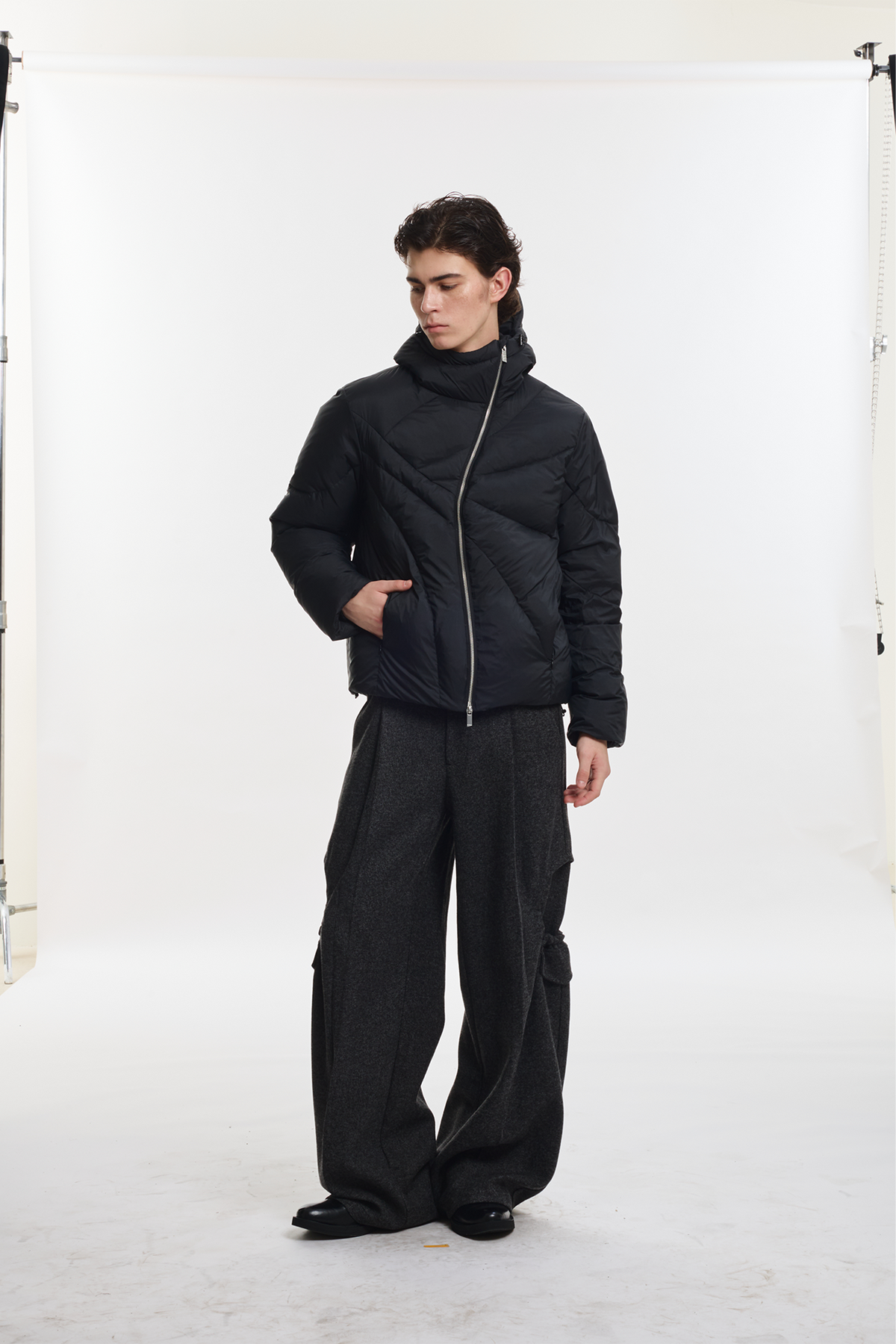 KREATE Asymmetrical Zip Quilted Hooded Down Jacket