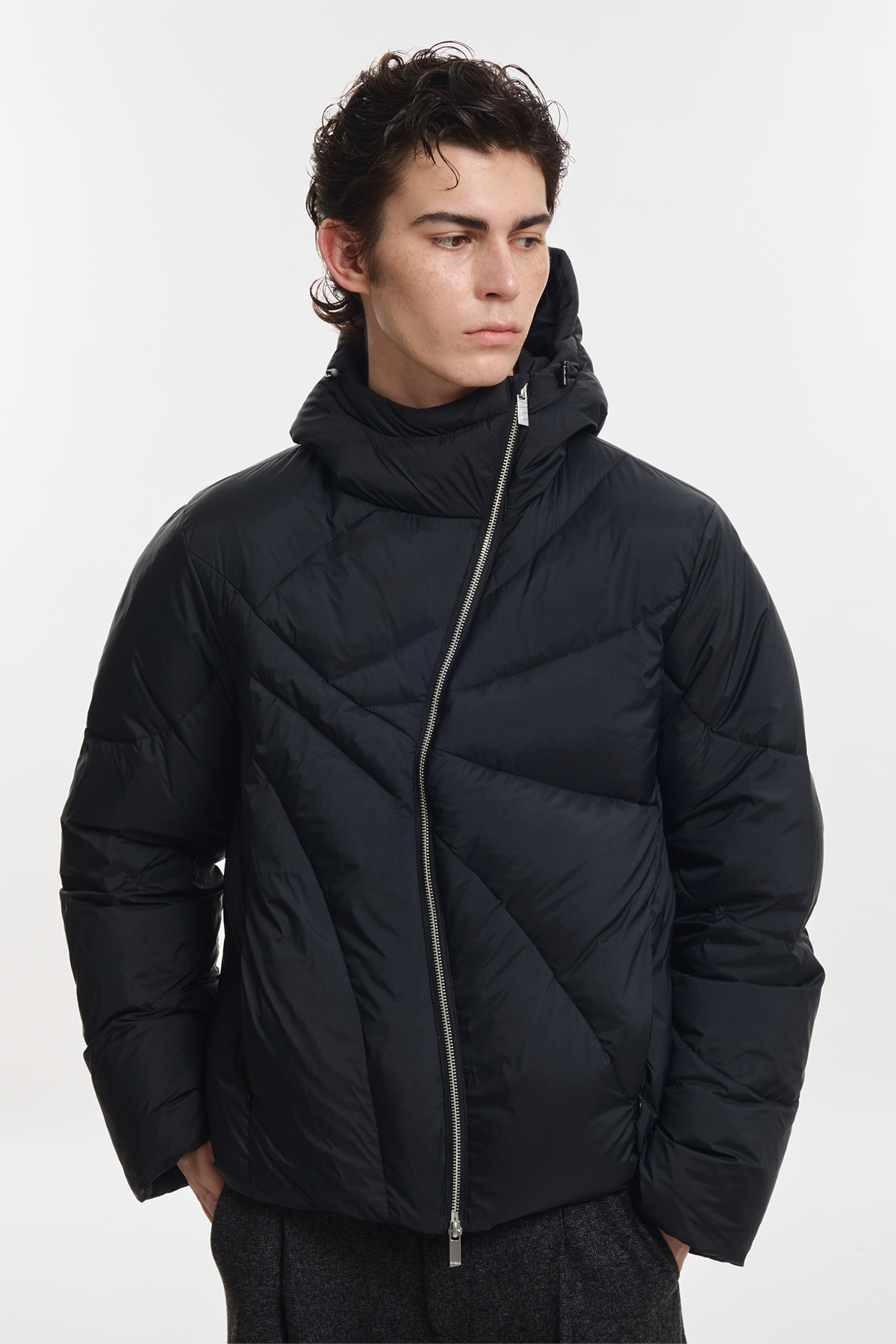 KREATE Asymmetrical Zip Quilted Hooded Down Jacket