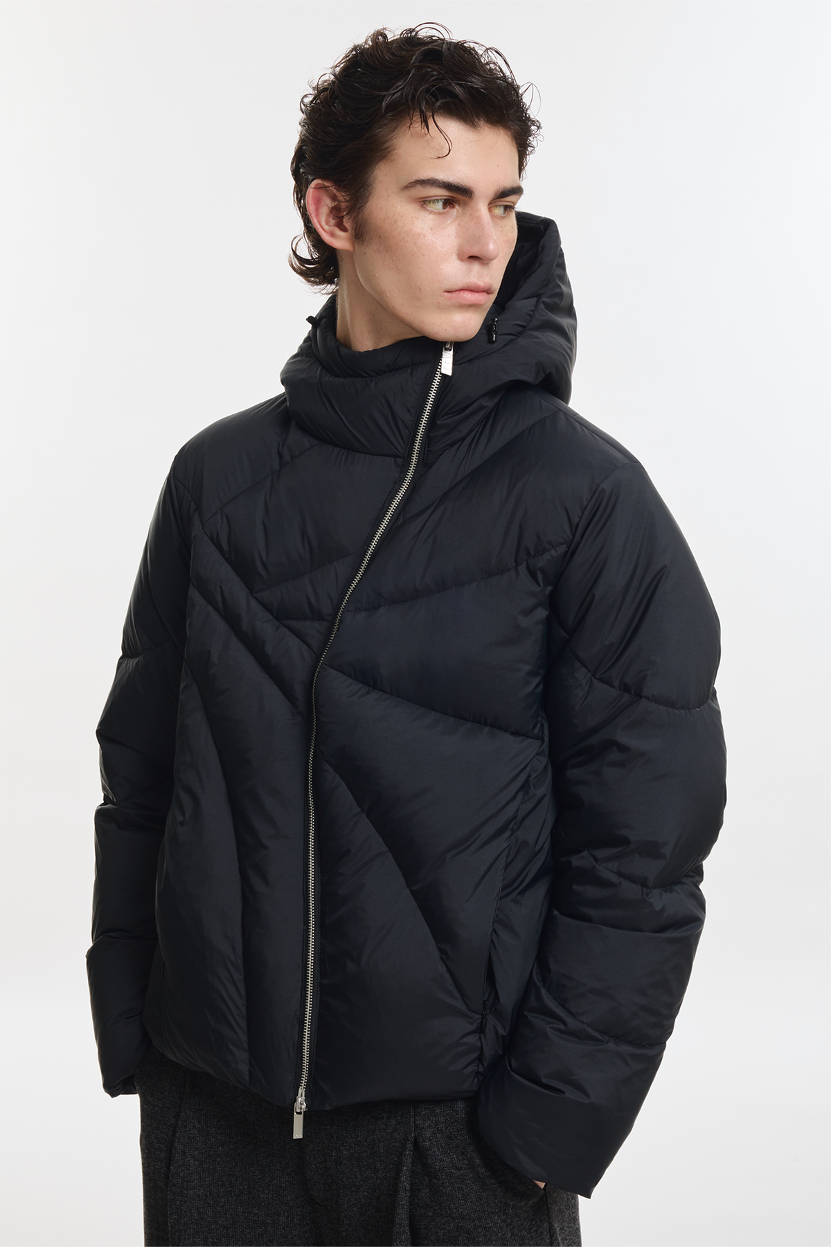 KREATE Asymmetrical Zip Quilted Hooded Down Jacket