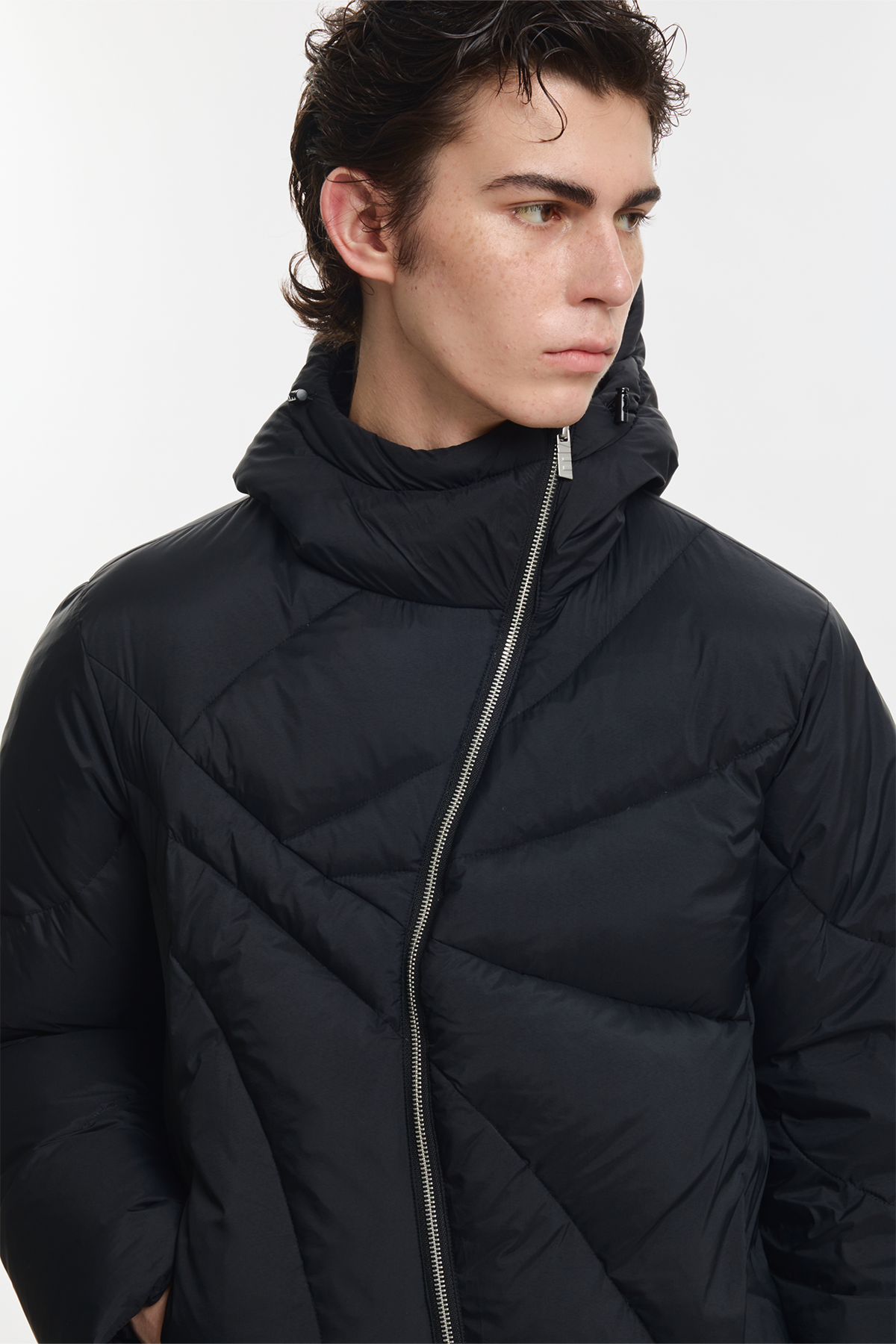 KREATE Asymmetrical Zip Quilted Hooded Down Jacket