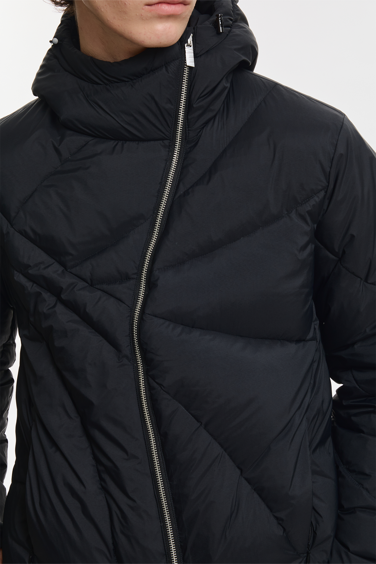 KREATE Asymmetrical Zip Quilted Hooded Down Jacket
