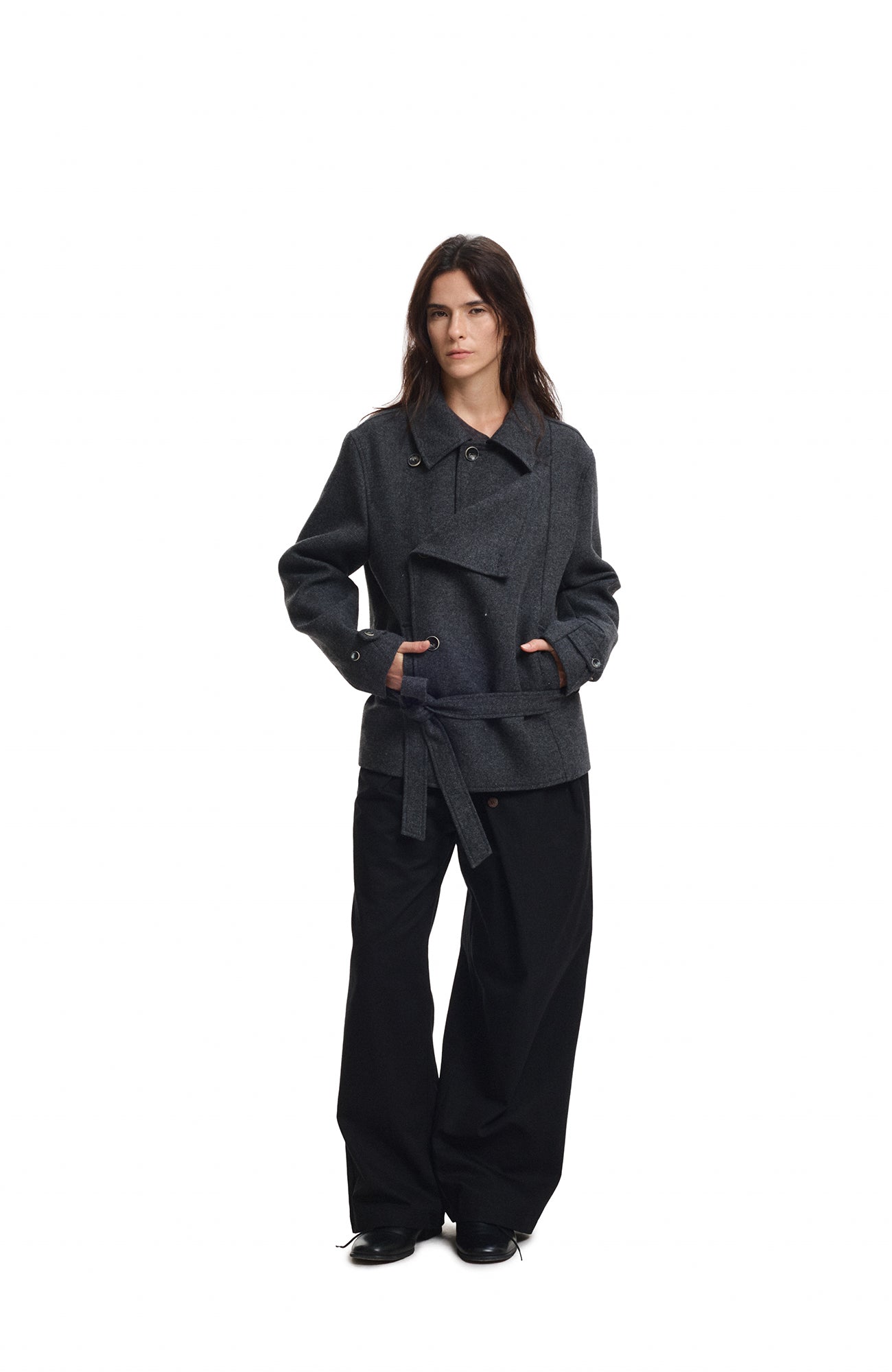 KREATE Wool-Blend Herringbone Double-Breasted Belted Coat