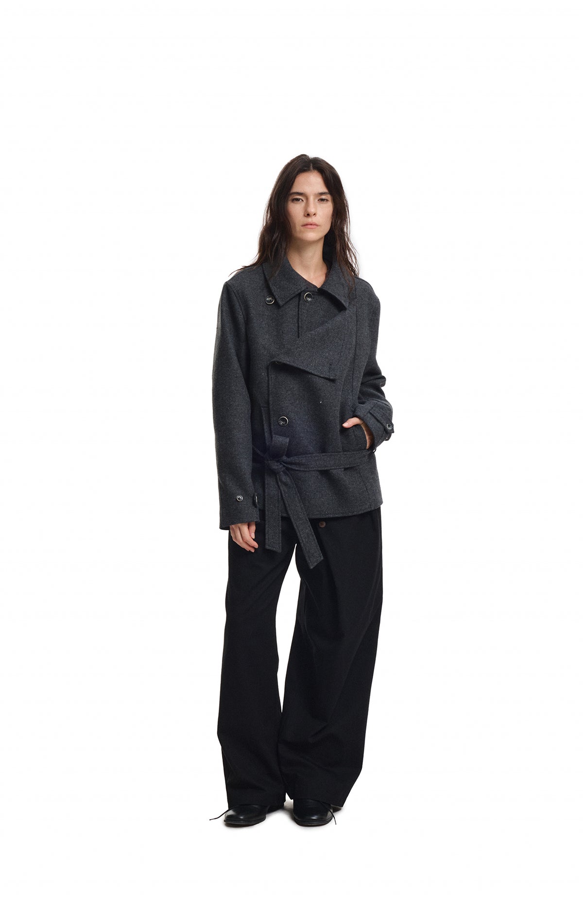 KREATE Wool-Blend Herringbone Double-Breasted Belted Coat