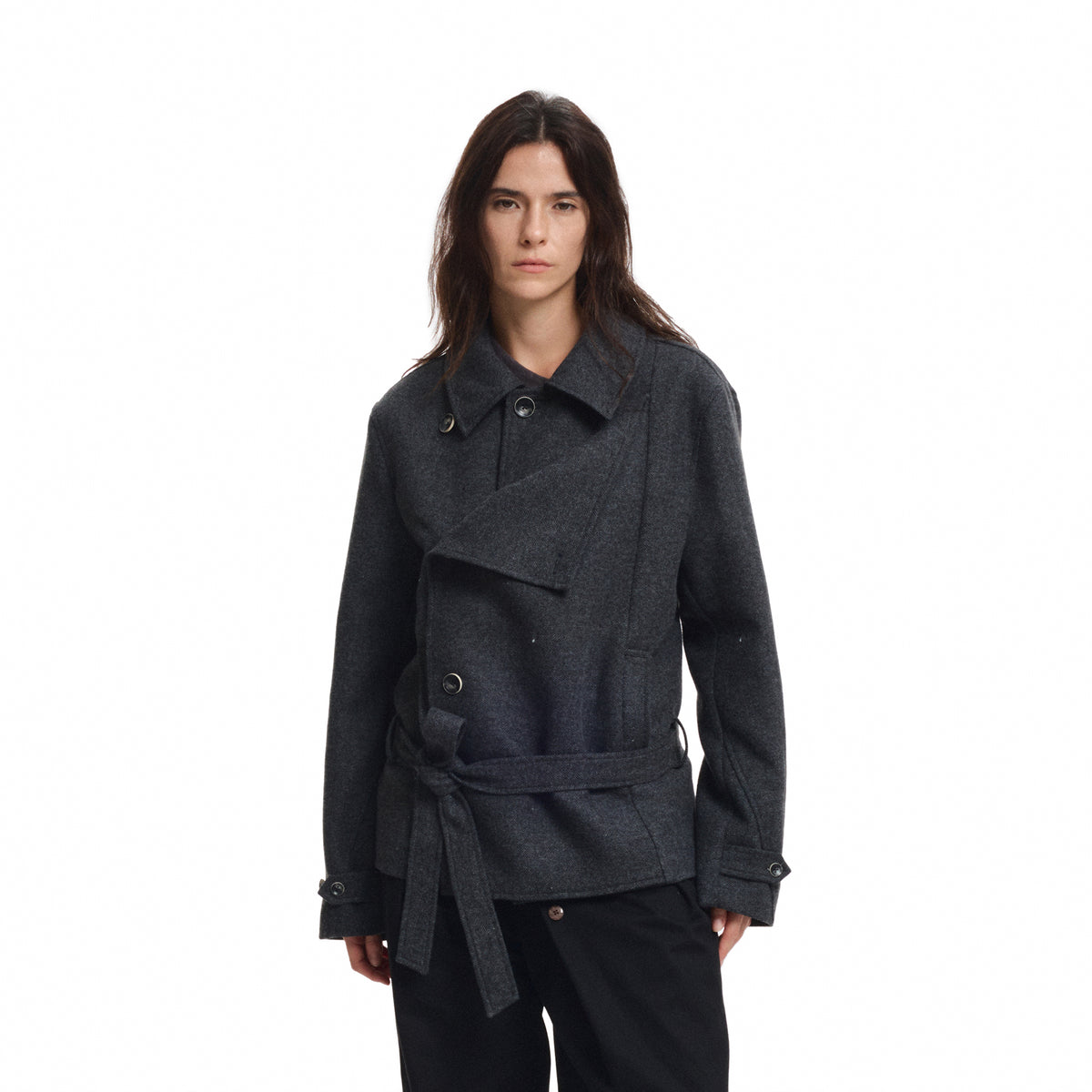 KREATE Wool-Blend Herringbone Double-Breasted Belted Coat