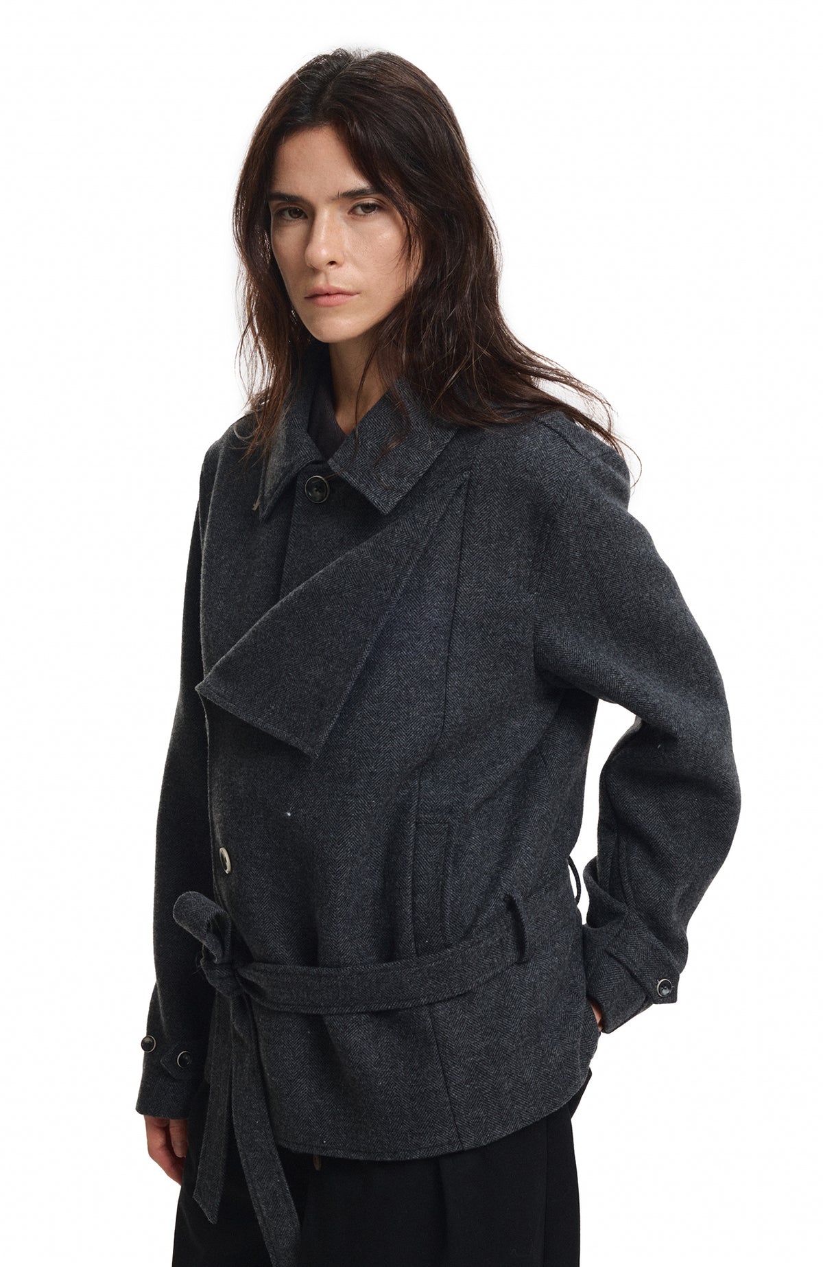 KREATE Wool-Blend Herringbone Double-Breasted Belted Coat