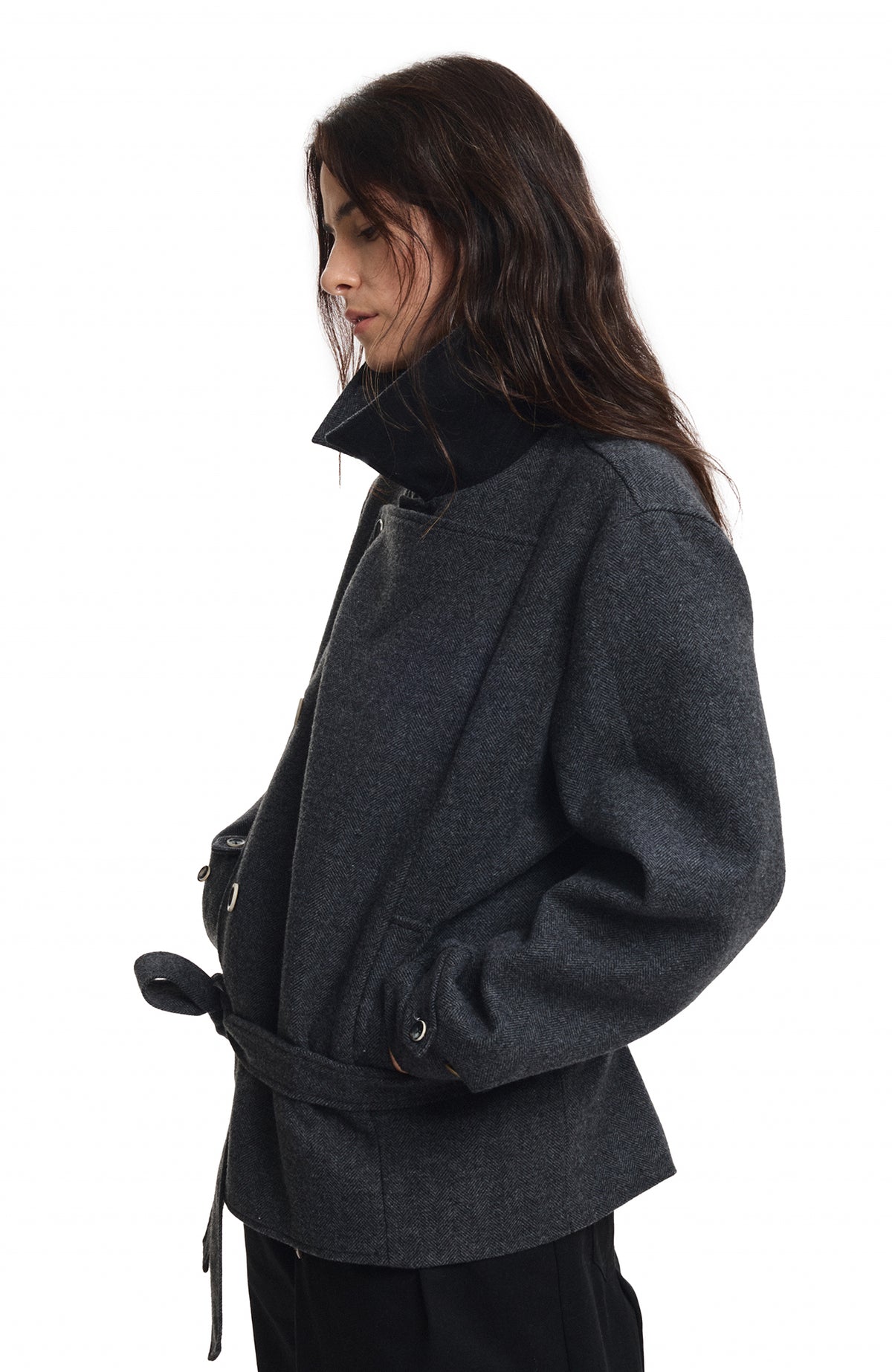 KREATE Wool-Blend Herringbone Double-Breasted Belted Coat