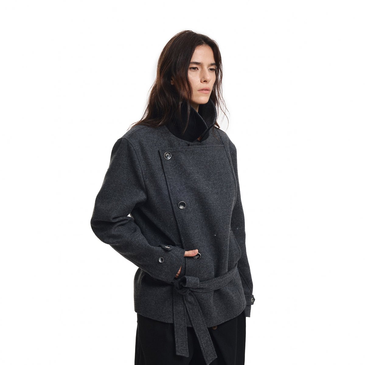 KREATE Wool-Blend Herringbone Double-Breasted Belted Coat