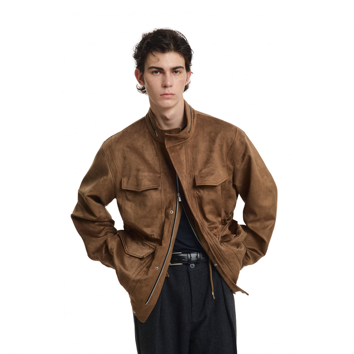 KREATE Suede Multi-Pocket Zip-Up Utility Jacket