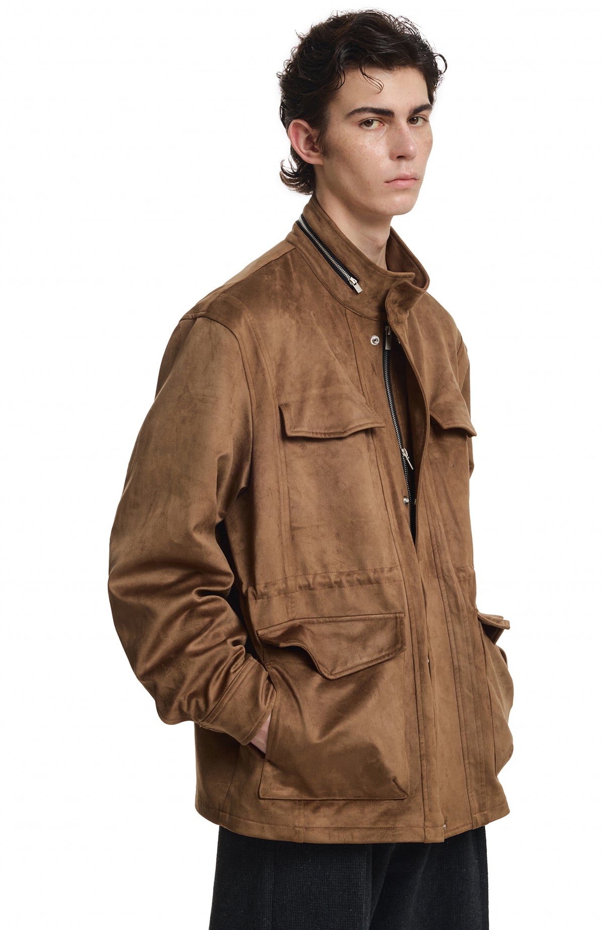 KREATE Suede Multi-Pocket Zip-Up Utility Jacket