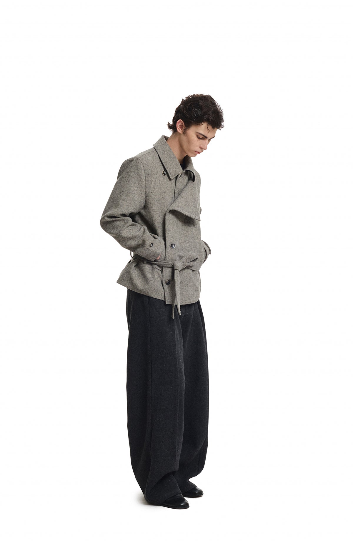 KREATE Wool-Blend Herringbone Double-Breasted Belted Coat