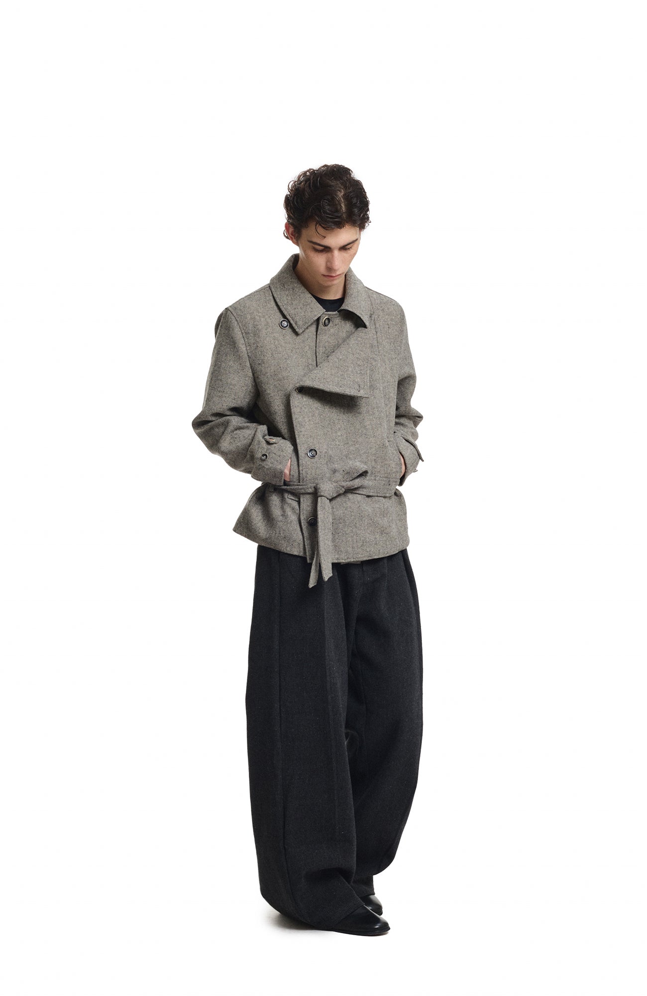 KREATE Wool-Blend Herringbone Double-Breasted Belted Coat