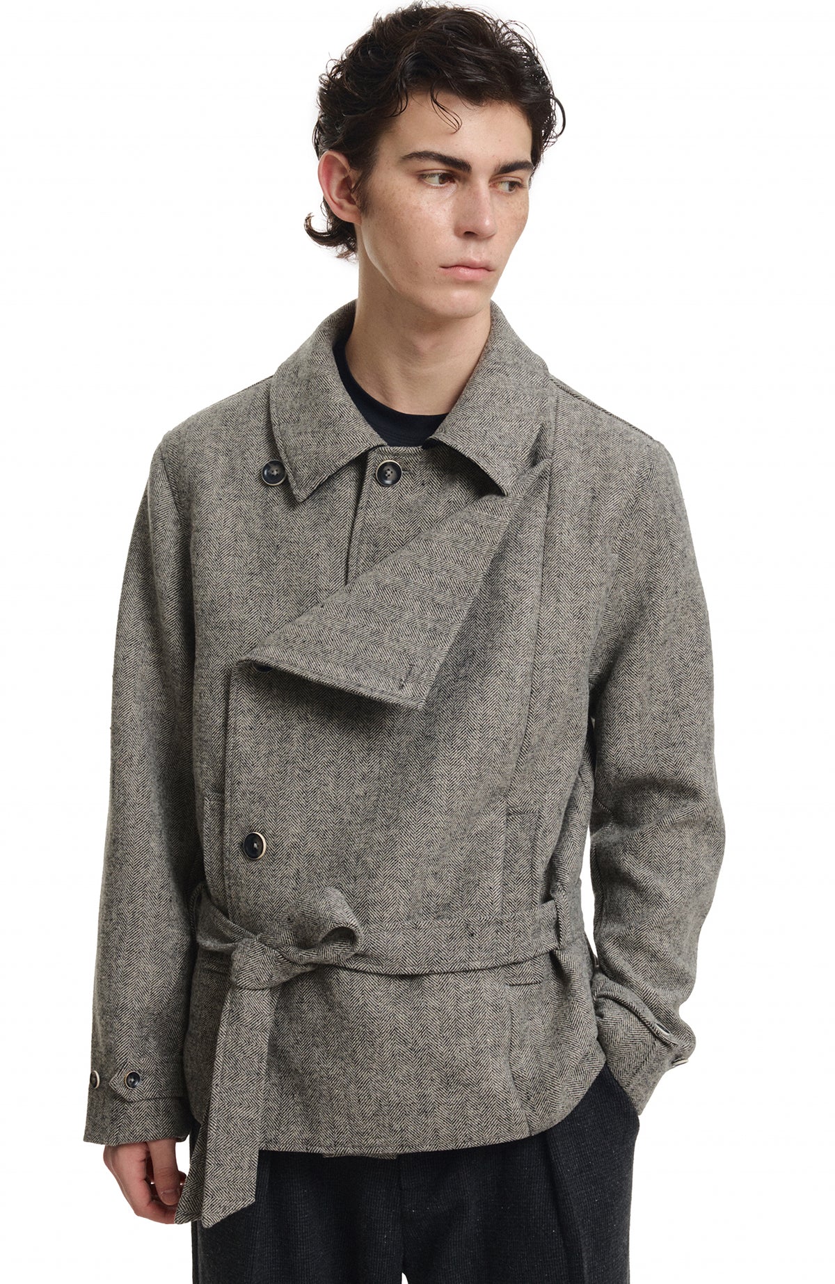 KREATE Wool-Blend Herringbone Double-Breasted Belted Coat