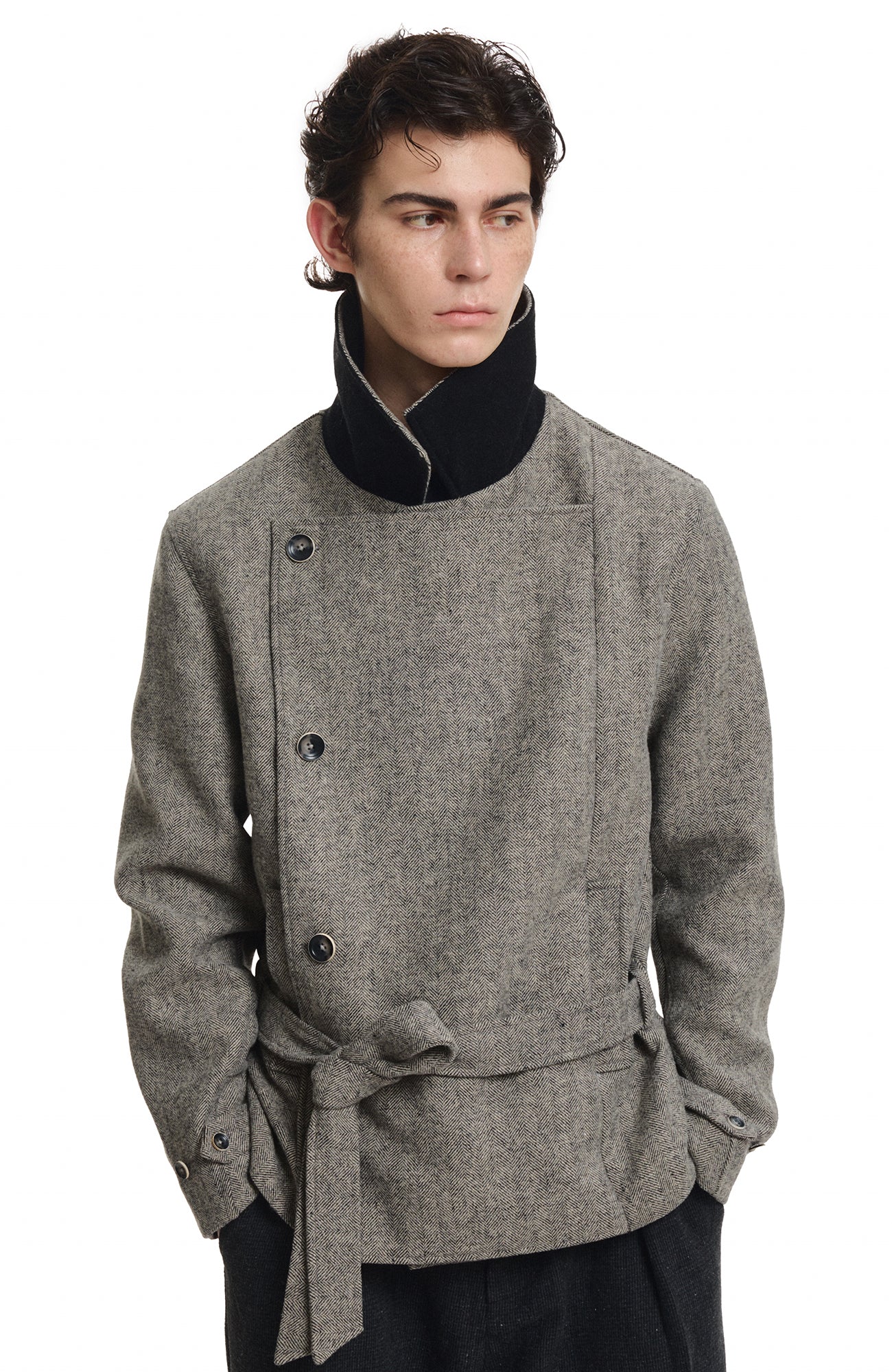 KREATE Wool-Blend Herringbone Double-Breasted Belted Coat