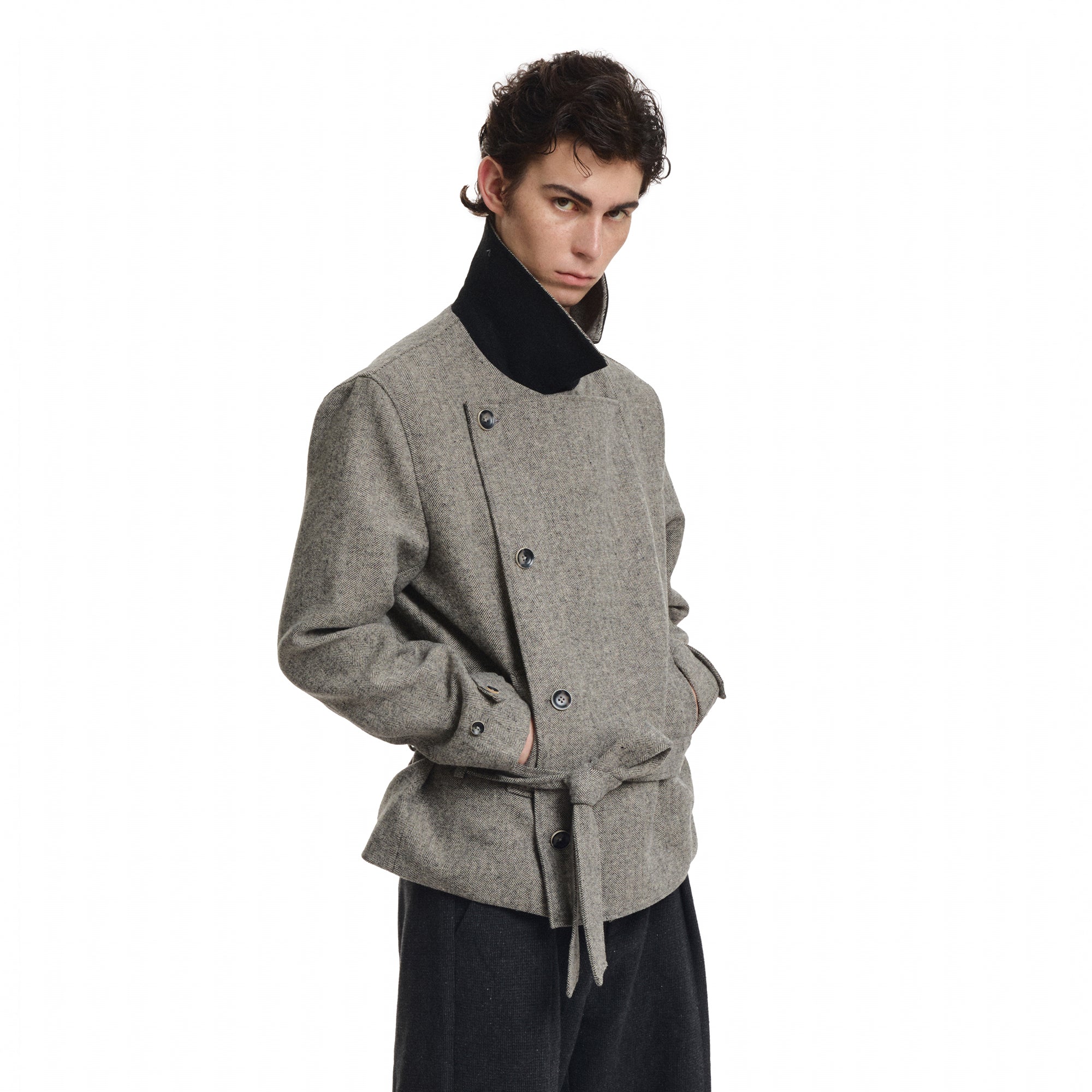 KREATE Wool-Blend Herringbone Double-Breasted Belted Coat
