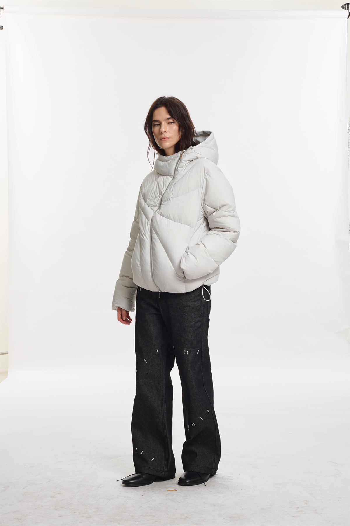 KREATE Asymmetrical Zip Quilted Hooded Down Jacket