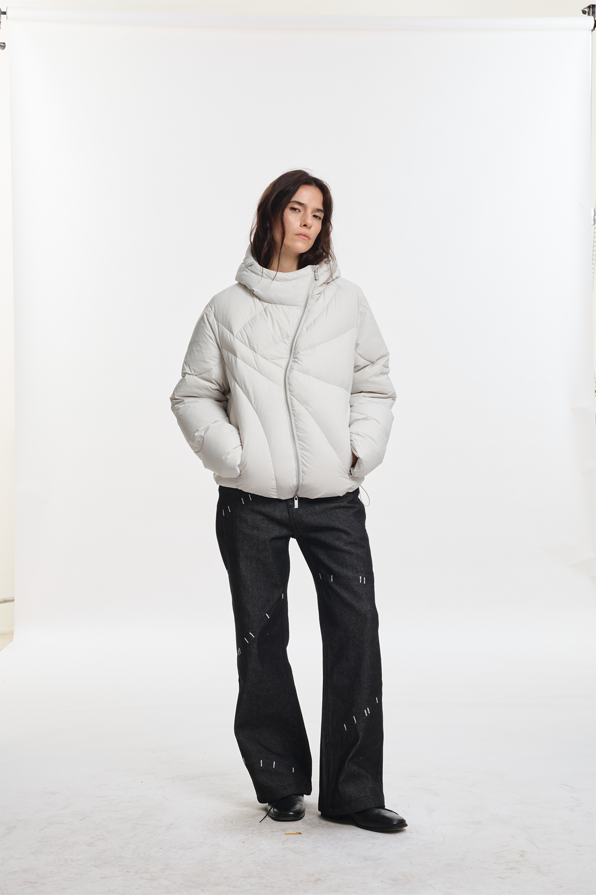 KREATE Asymmetrical Zip Quilted Hooded Down Jacket