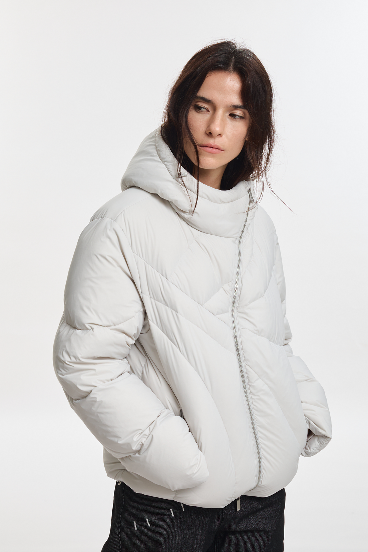 KREATE Asymmetrical Zip Quilted Hooded Down Jacket