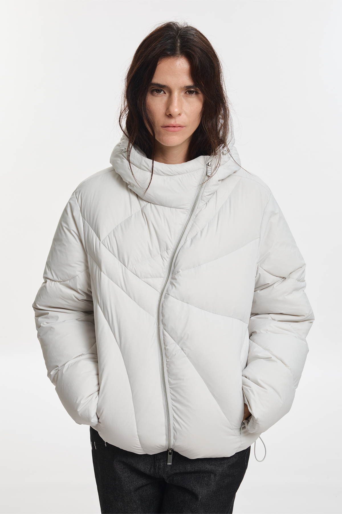 KREATE Asymmetrical Zip Quilted Hooded Down Jacket