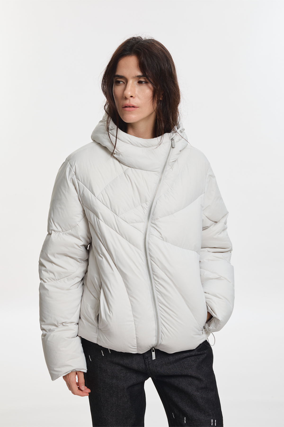 KREATE Asymmetrical Zip Quilted Hooded Down Jacket