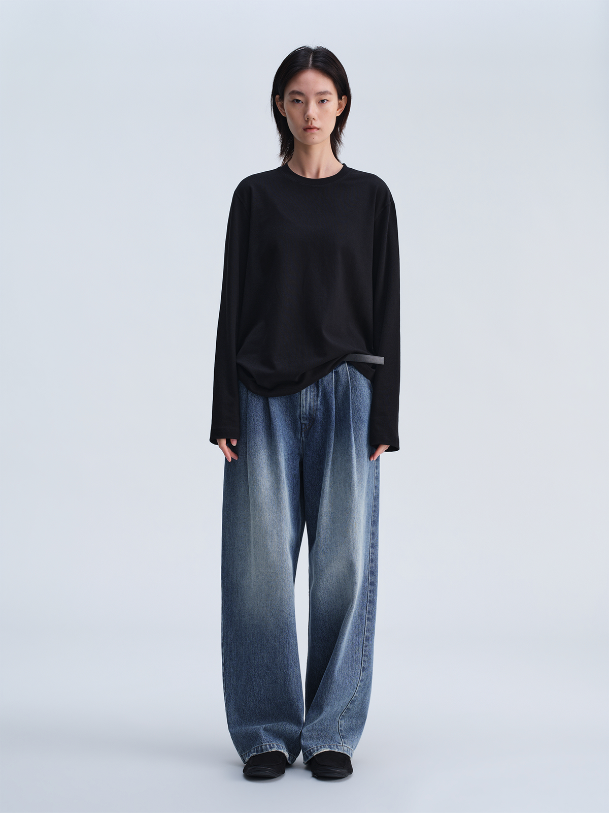 OPICLOTH Retro Washed Double-Pleated Wide-Leg Jeans