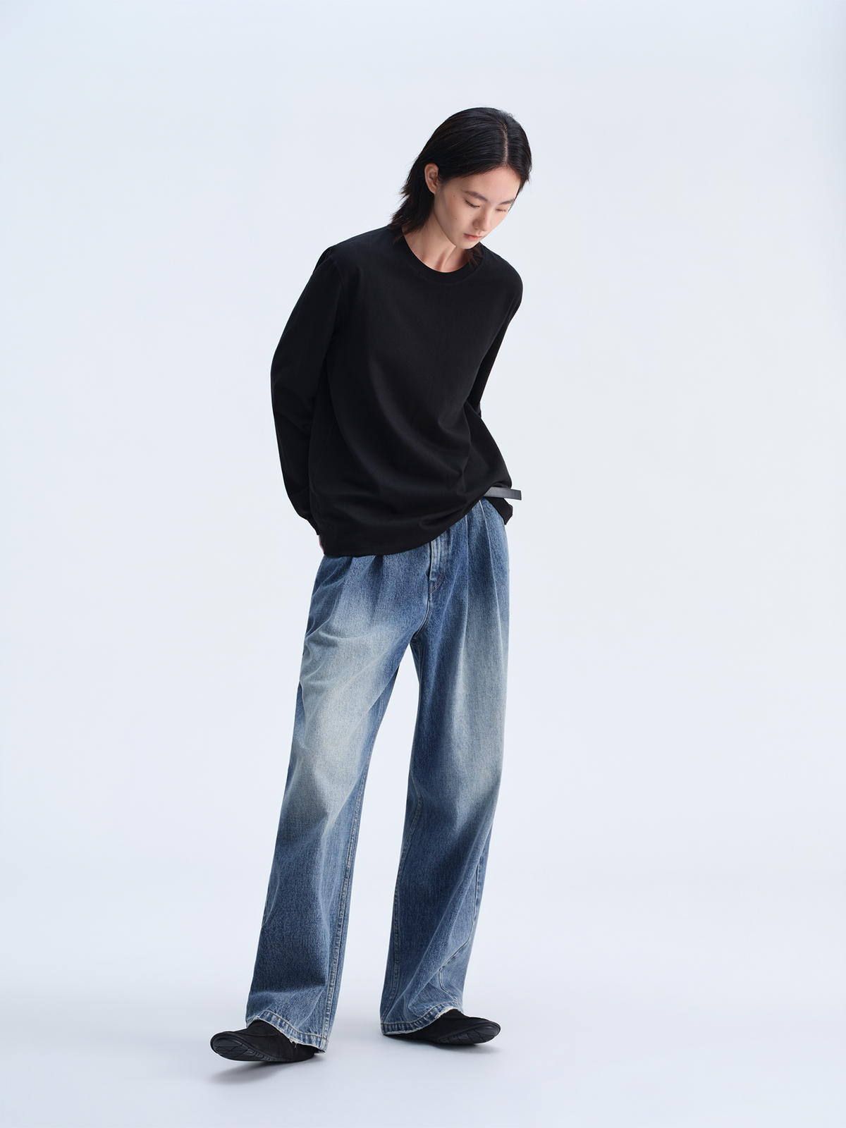 OPICLOTH Retro Washed Double-Pleated Wide-Leg Jeans
