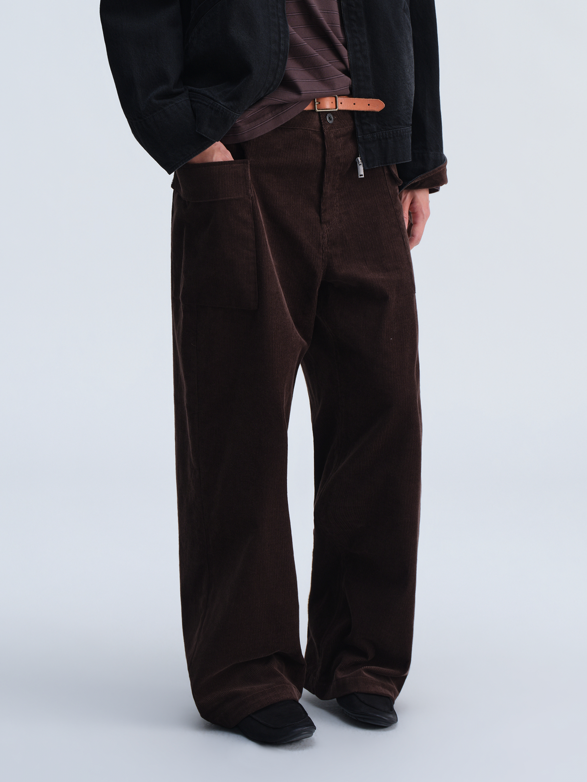 OPICLOTH Washed Corduroy Flap-Pocket Wide-Leg Cargo Pants