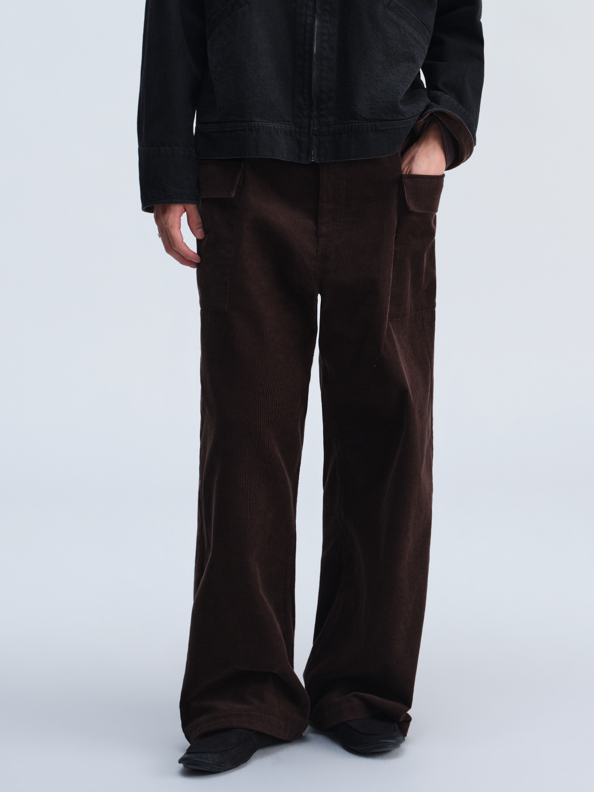 OPICLOTH Washed Corduroy Flap-Pocket Wide-Leg Cargo Pants