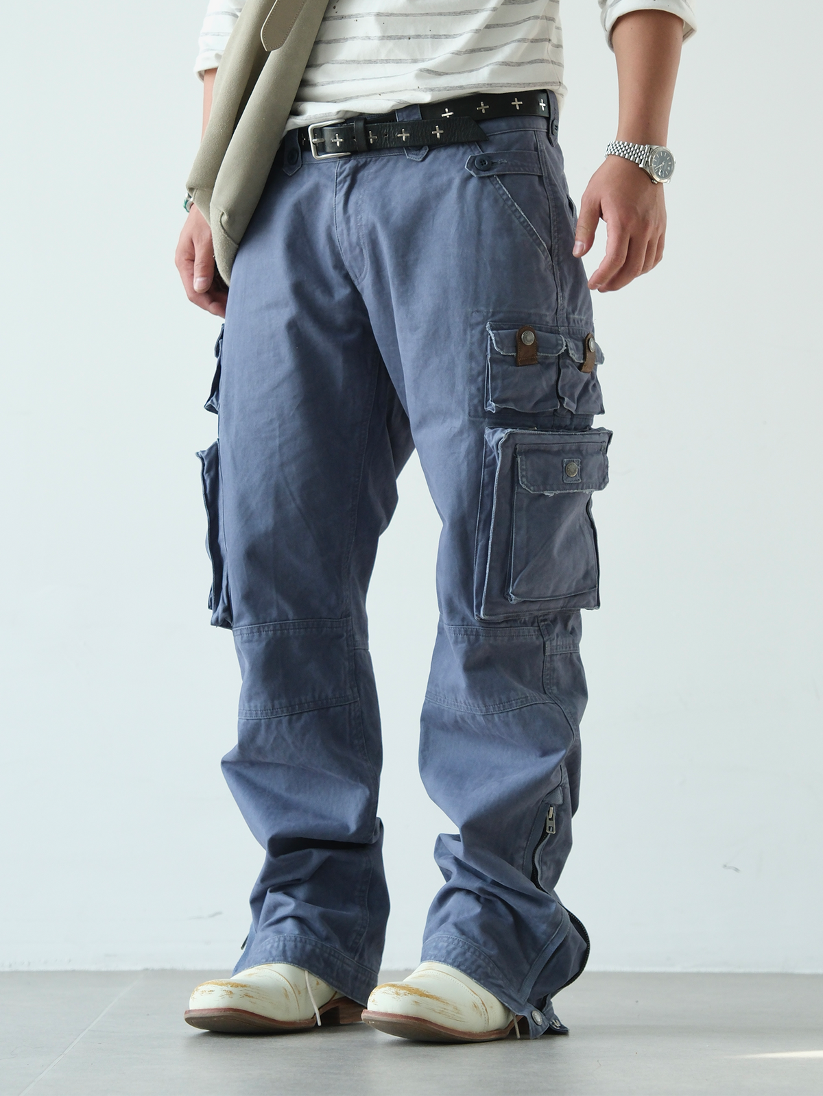 NEIGBORL Retro Multi-Pocket Distressed Straight-Leg Cargo Pants
