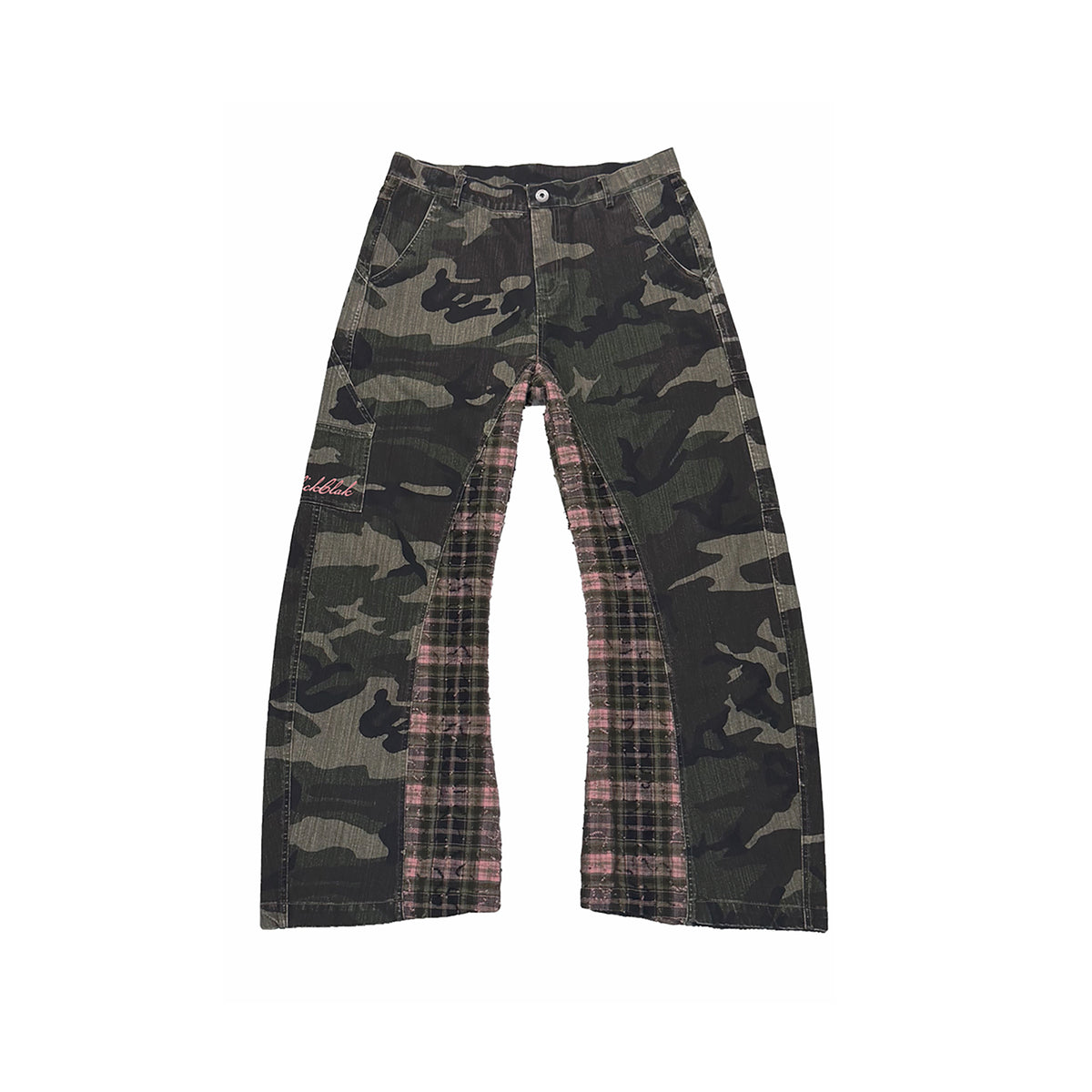 KLICK CLAK Washed Camo Spliced Plaid Cargo Jeans