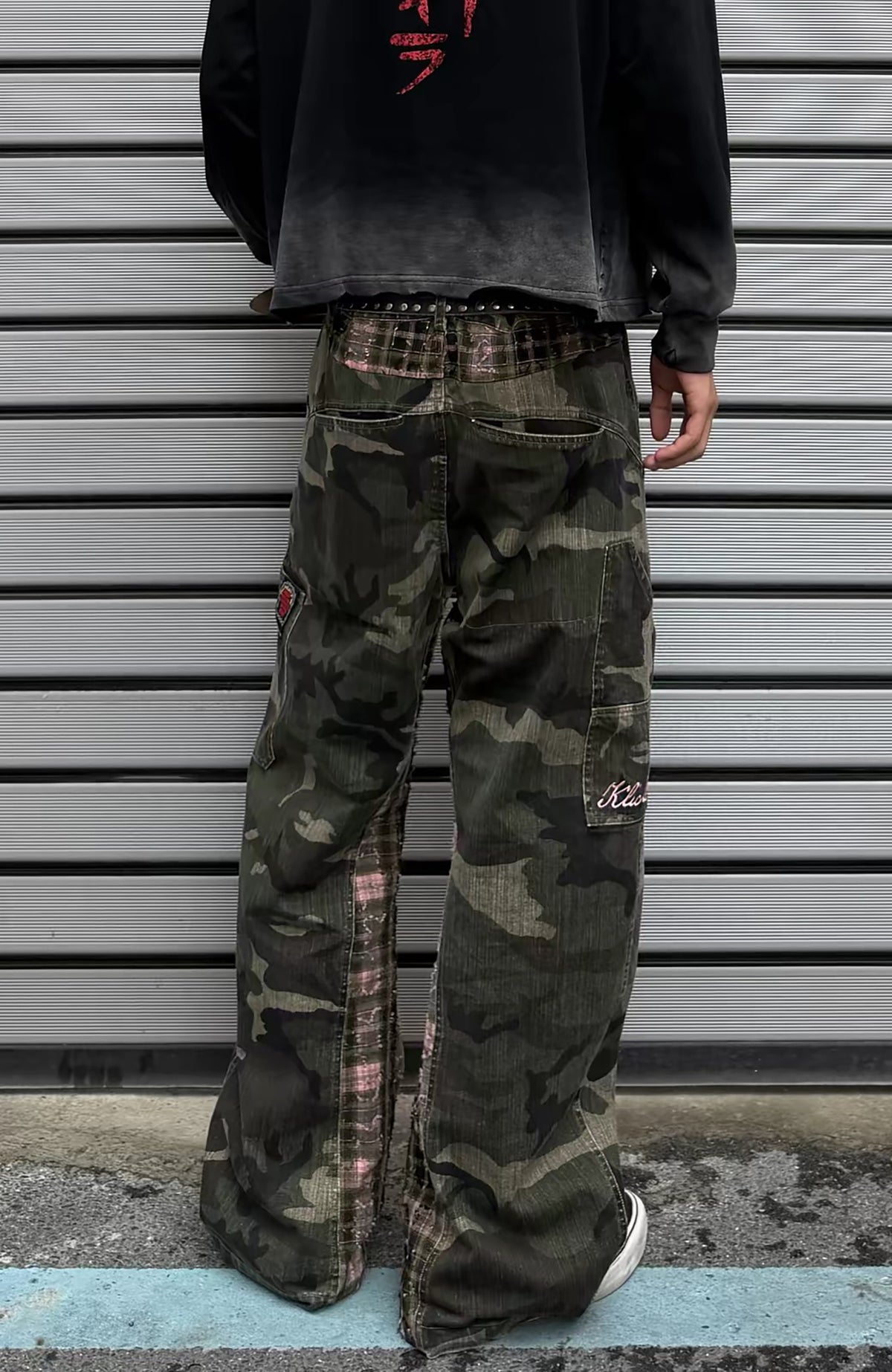 KLICK CLAK Washed Camo Spliced Plaid Cargo Jeans