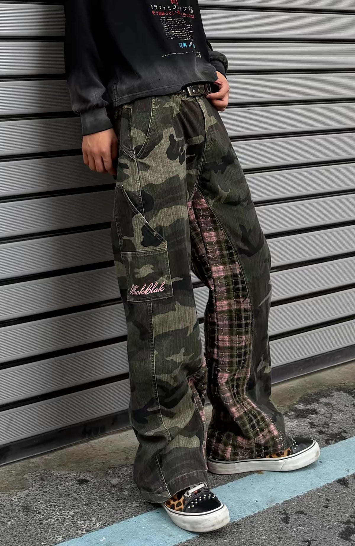 KLICK CLAK Washed Camo Spliced Plaid Cargo Jeans