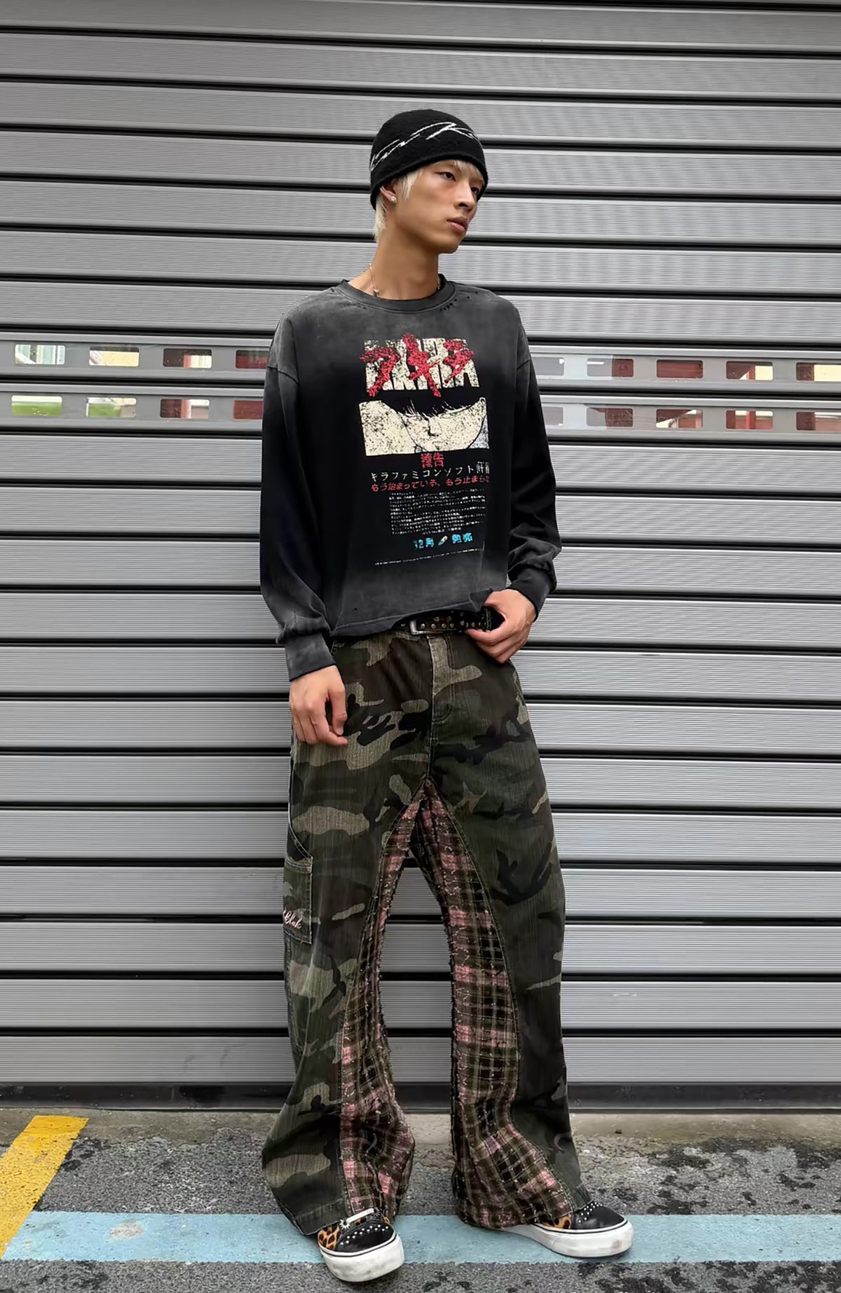 KLICK CLAK Washed Camo Spliced Plaid Cargo Jeans