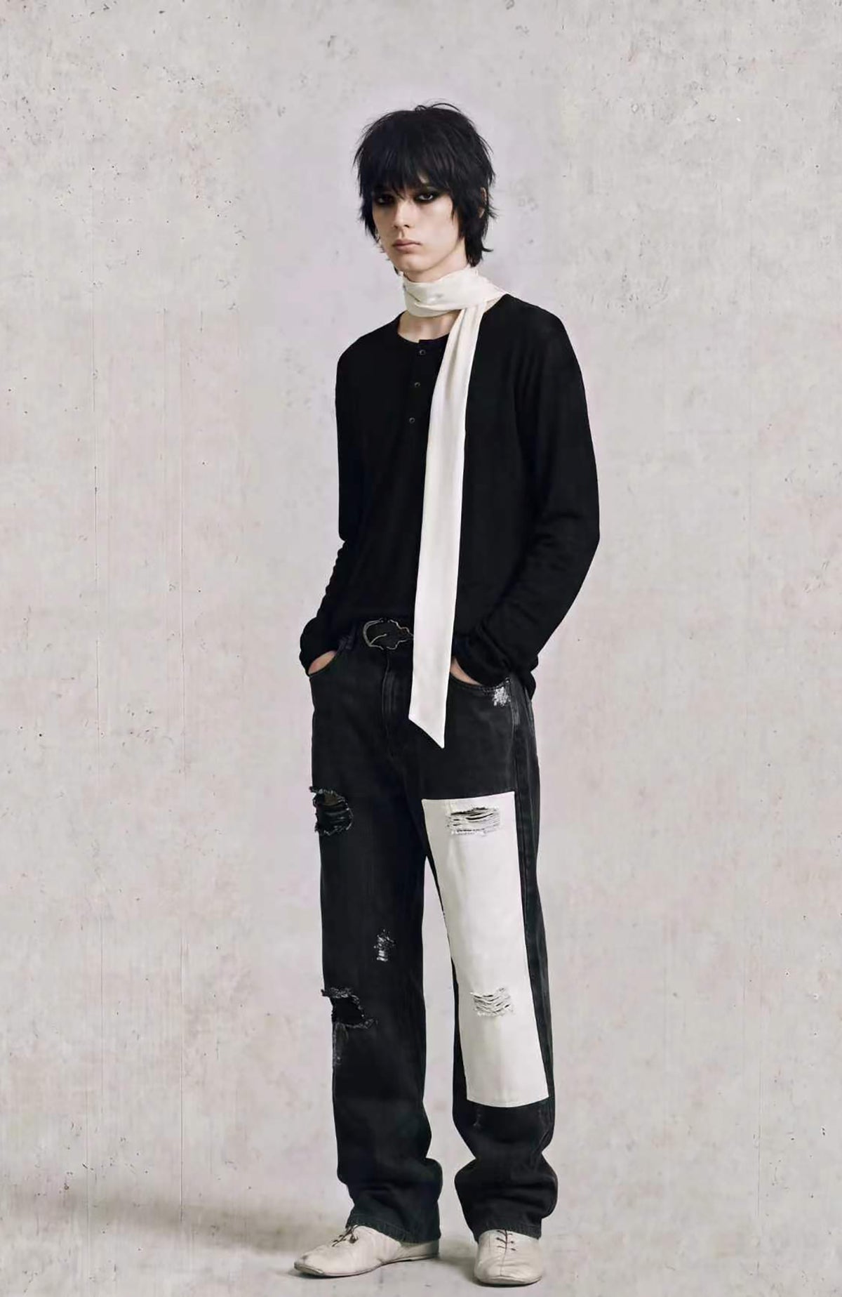 2000RSK Paint-Splattered Washed Distressed Spliced Straight-Leg Jeans