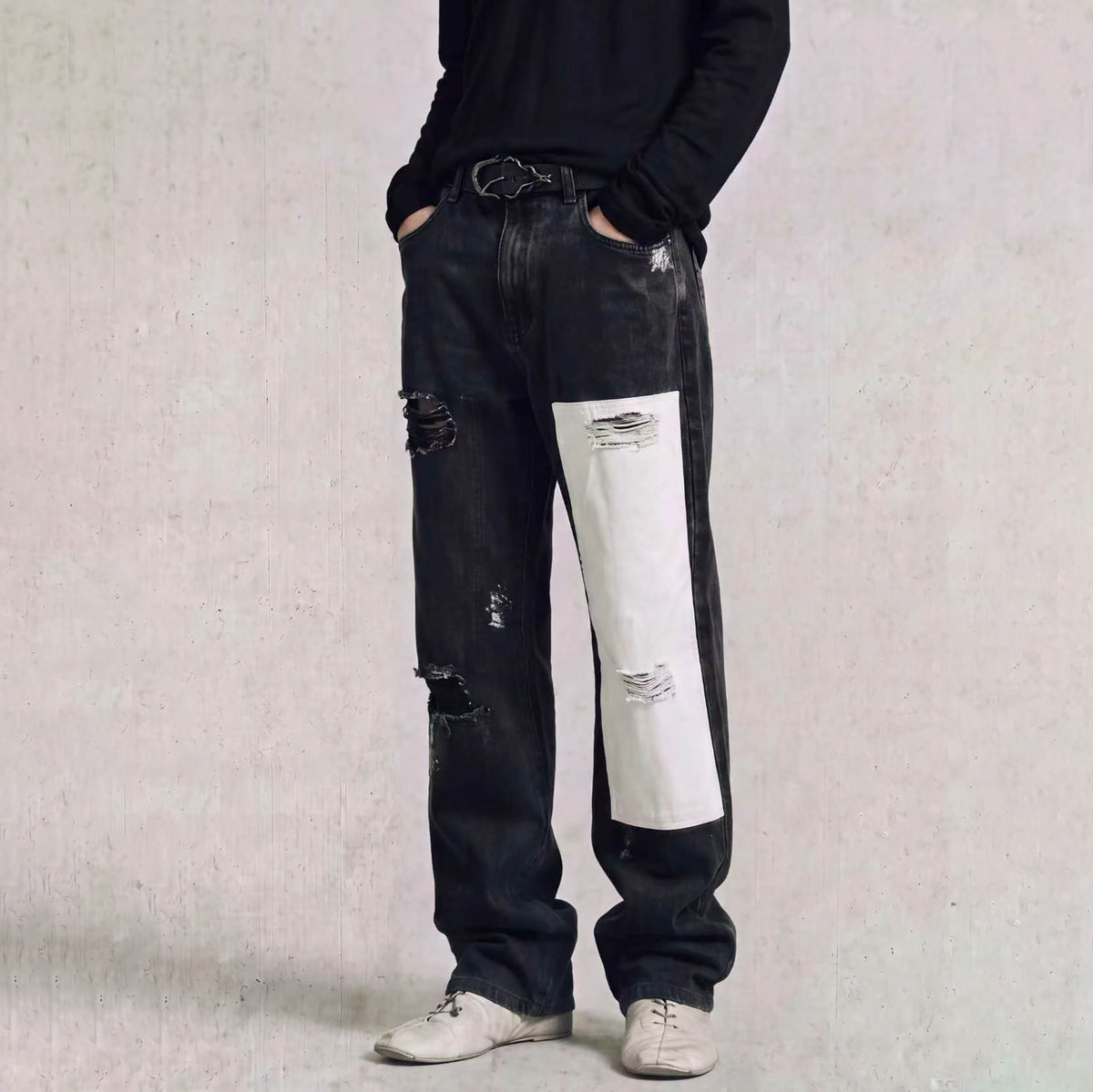 2000RSK Paint-Splattered Washed Distressed Spliced Straight-Leg Jeans