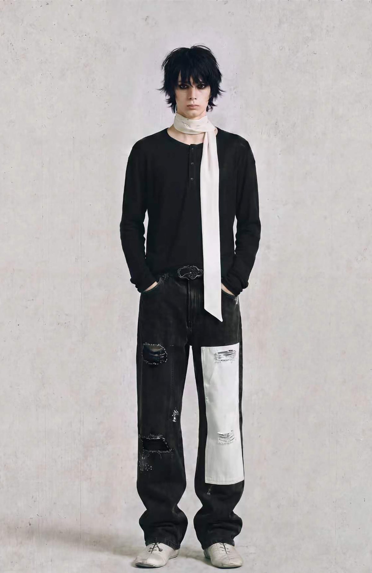 2000RSK Paint-Splattered Washed Distressed Spliced Straight-Leg Jeans