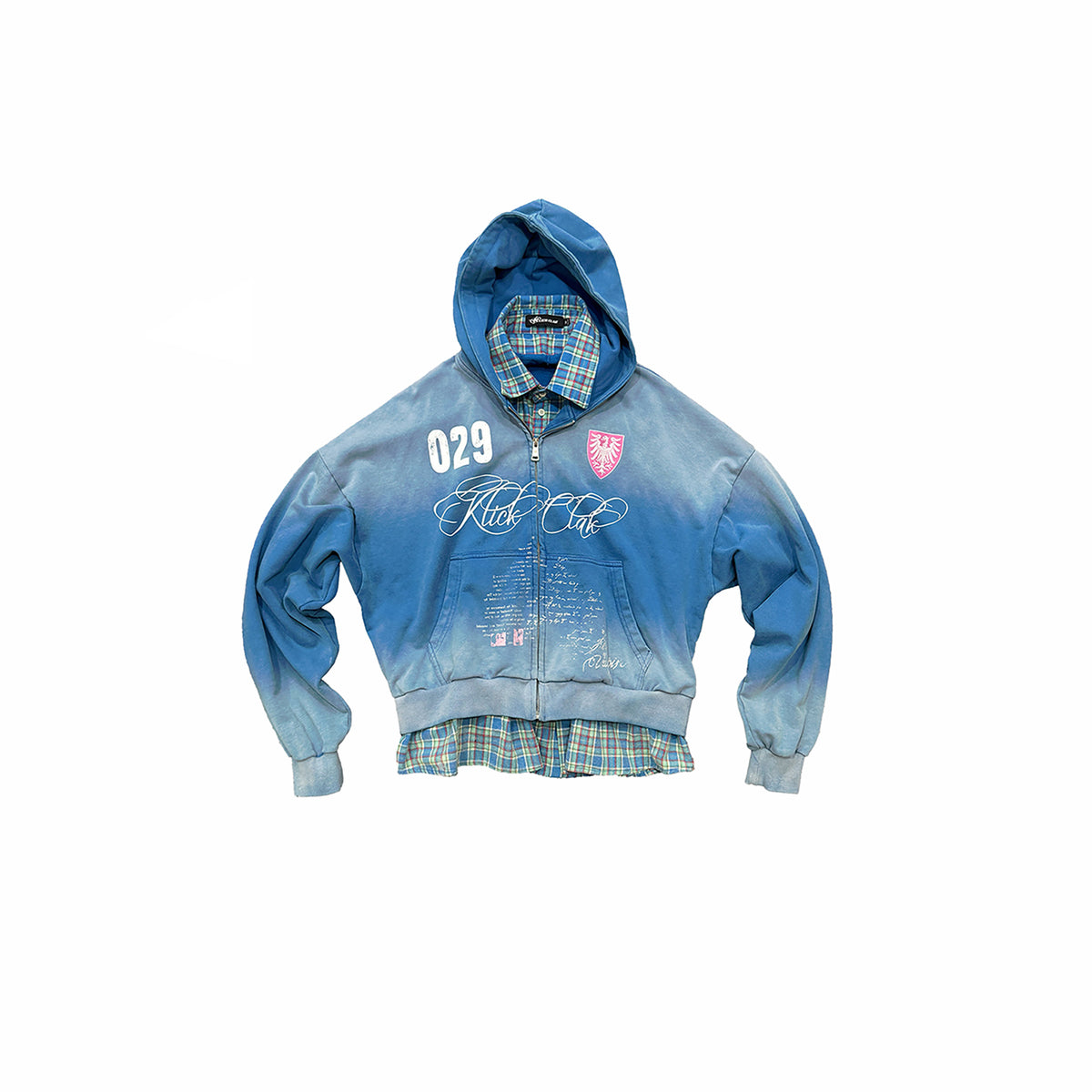 KLICK CLAK Washed Plaid-Spliced Zip-Up Hoodie