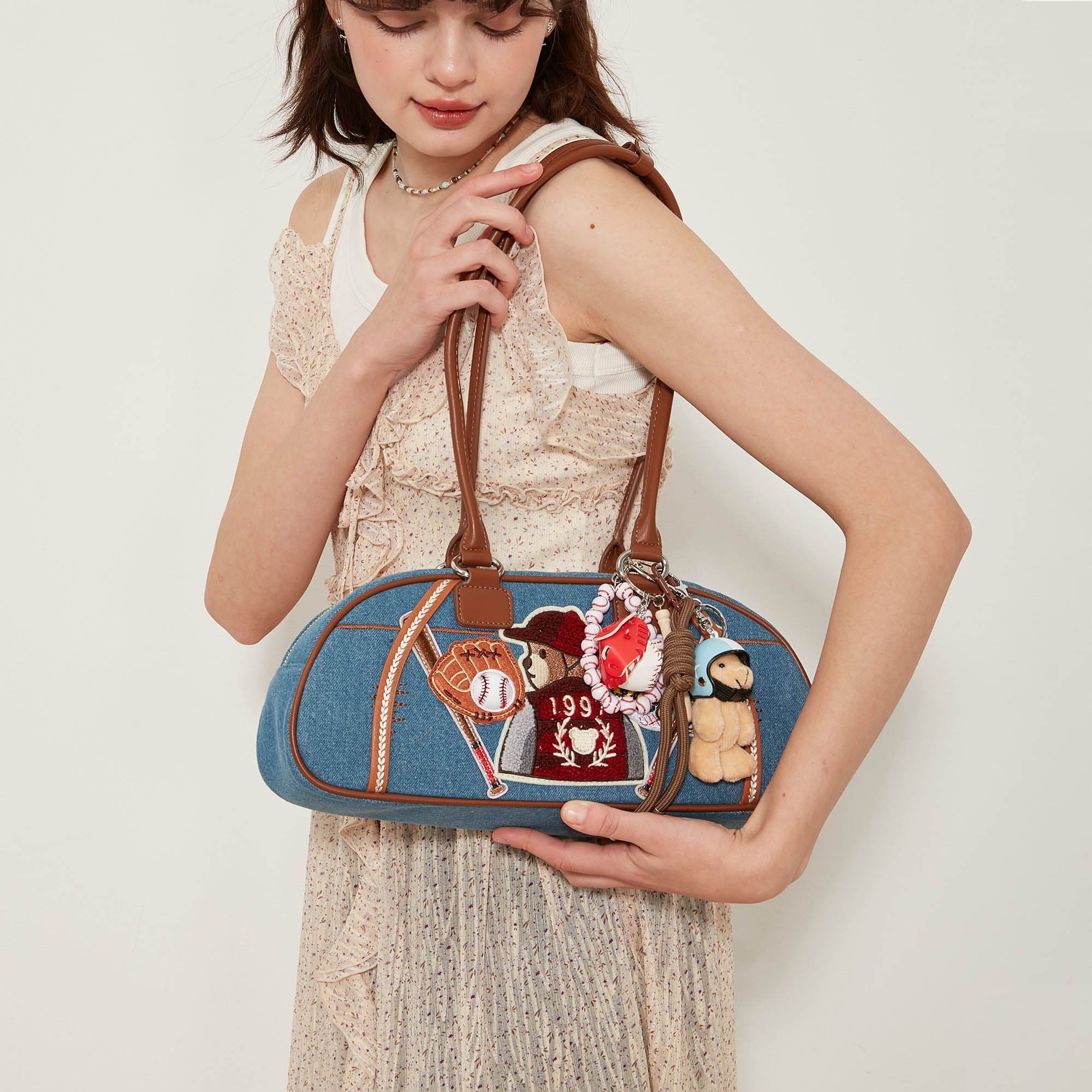 BLING BOX Baseball Club Teddy Denim Bowling Bag