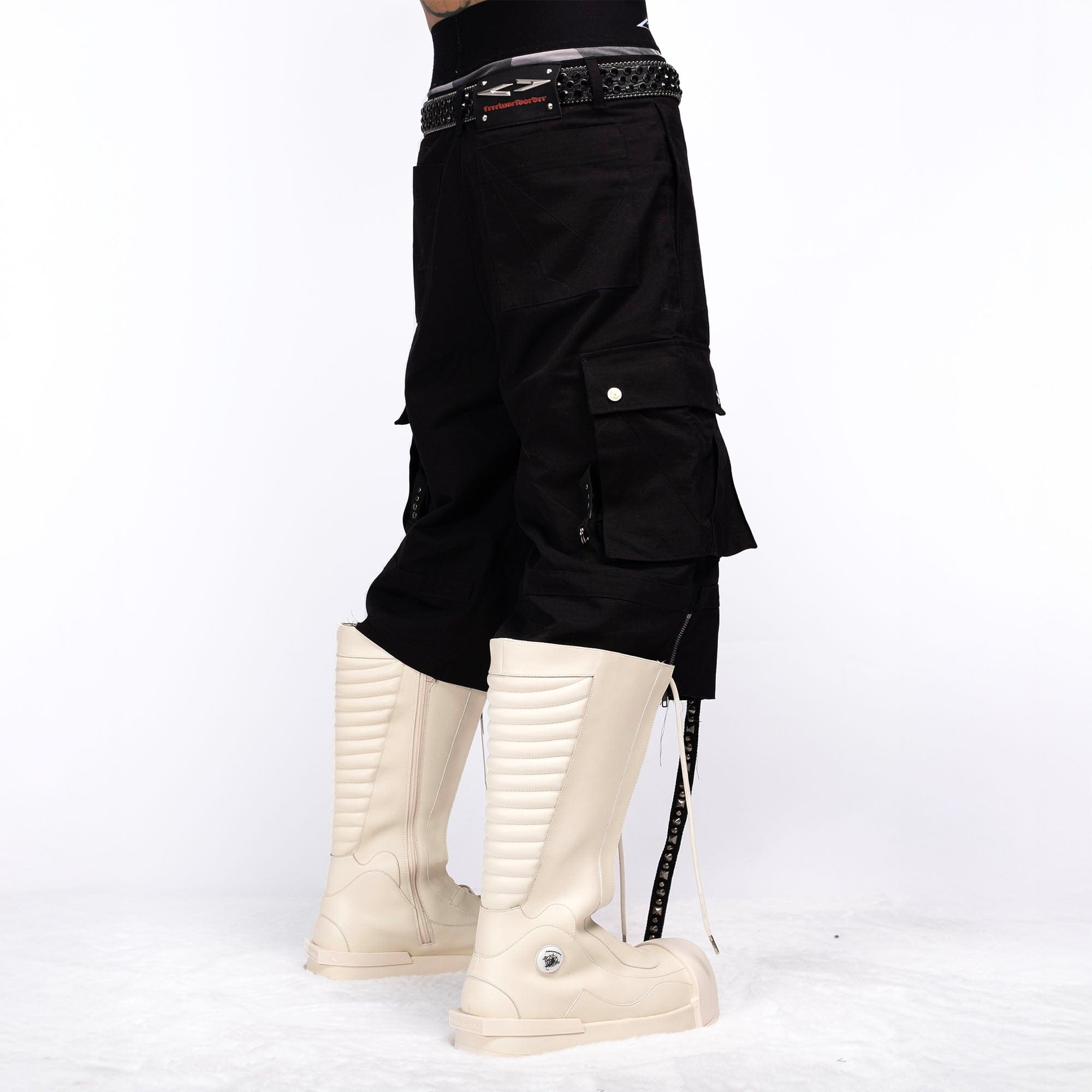 FVVO Distressed Rivet Strap Cargo Shorts Black, premium urban and streetwear designers apparel on PROJECTISR.com, FVVO