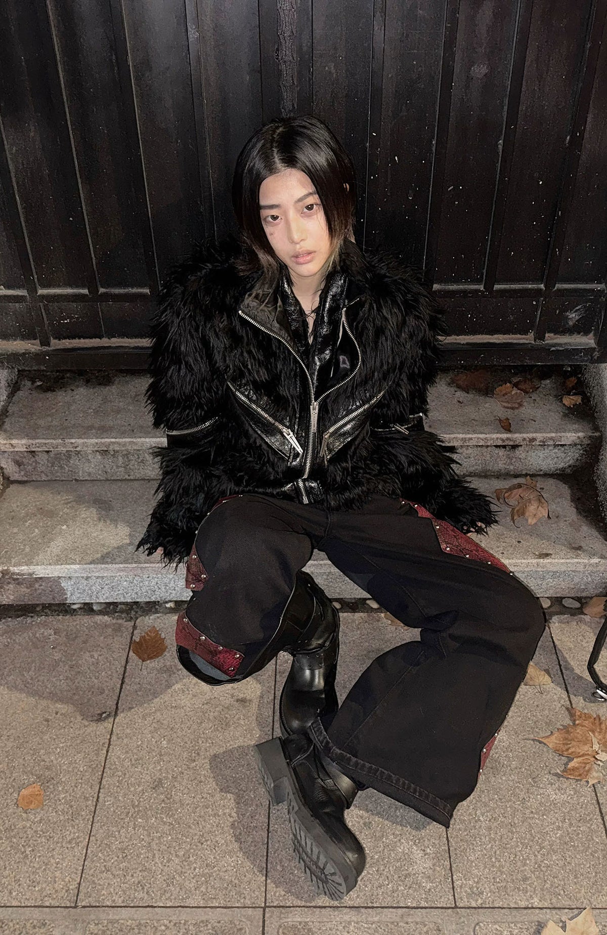 REBEL WAVE Faux Leather Zippered Faux Fur Jacket