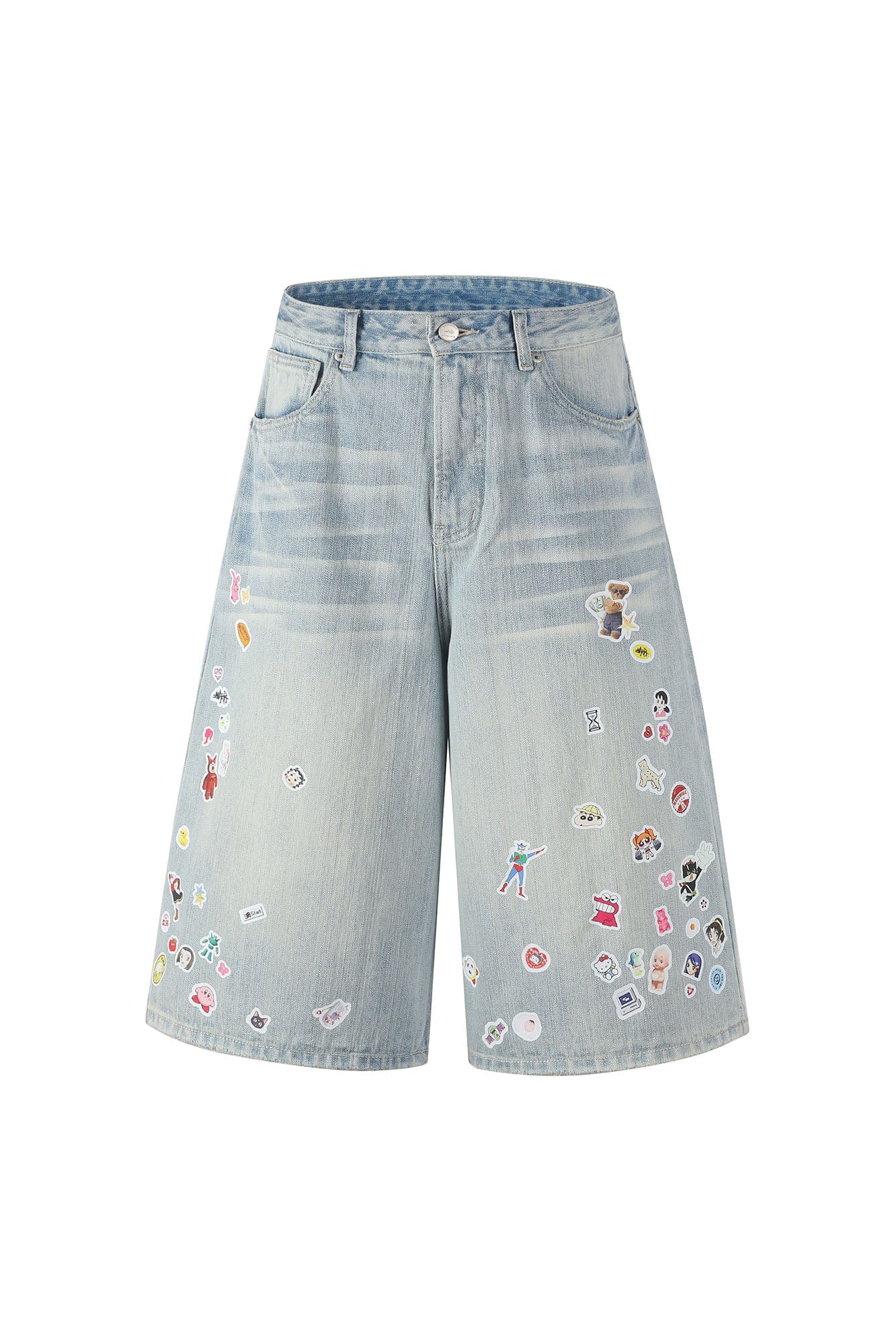 MAKEMORE Anime Sticker Washed Denim Shorts, premium urban and streetwear designers apparel on PROJECTISR.com, MAKEMORE