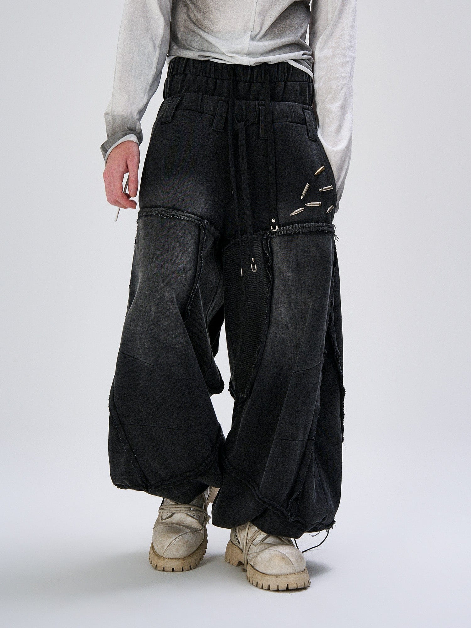 FLYERRER Washed Double-Waist Bullet Rivet Baggy Sweatpants, premium urban and streetwear designers apparel on PROJECTISR.com, FLYERRER