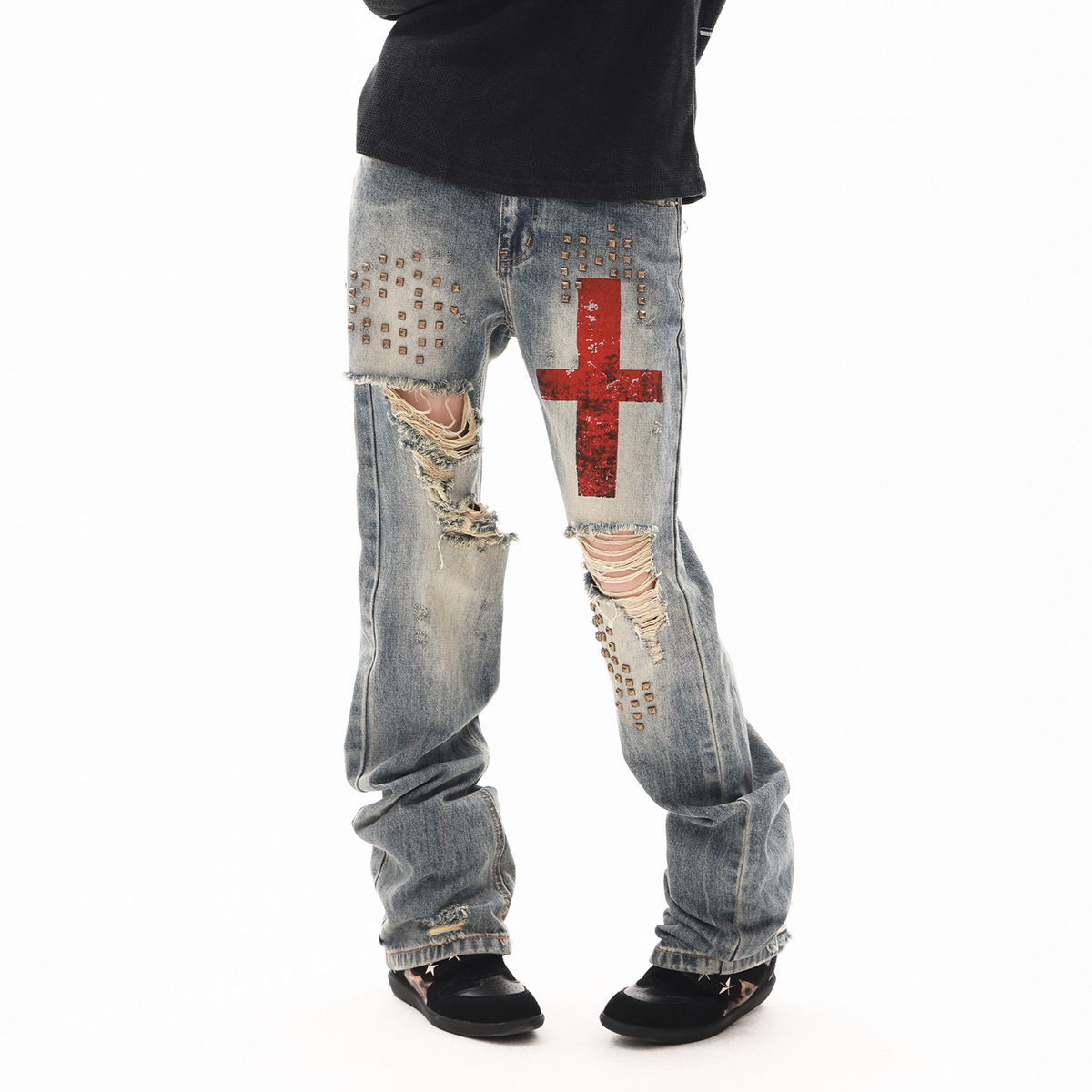 DETW Washed Distressed Rivet Stacked Curved Jeans