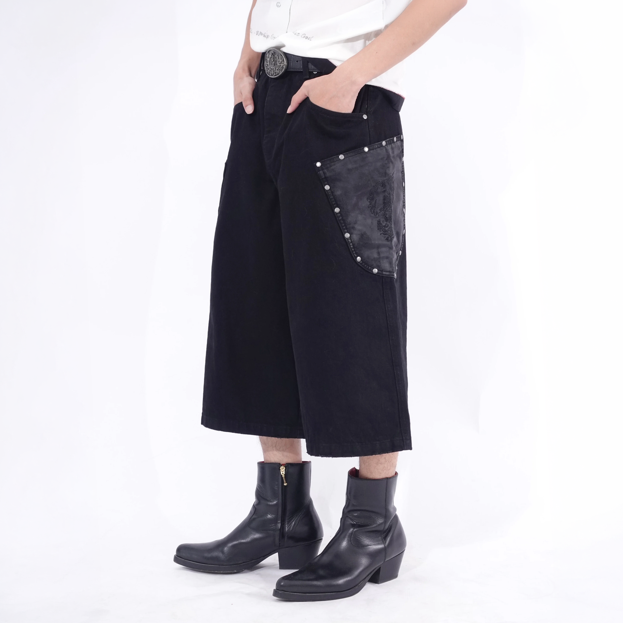IN EXISTENCE Washed Rivet-Trim Patch Denim Shorts, premium urban and streetwear designers apparel on PROJECTISR.com, IN EXISTENCE